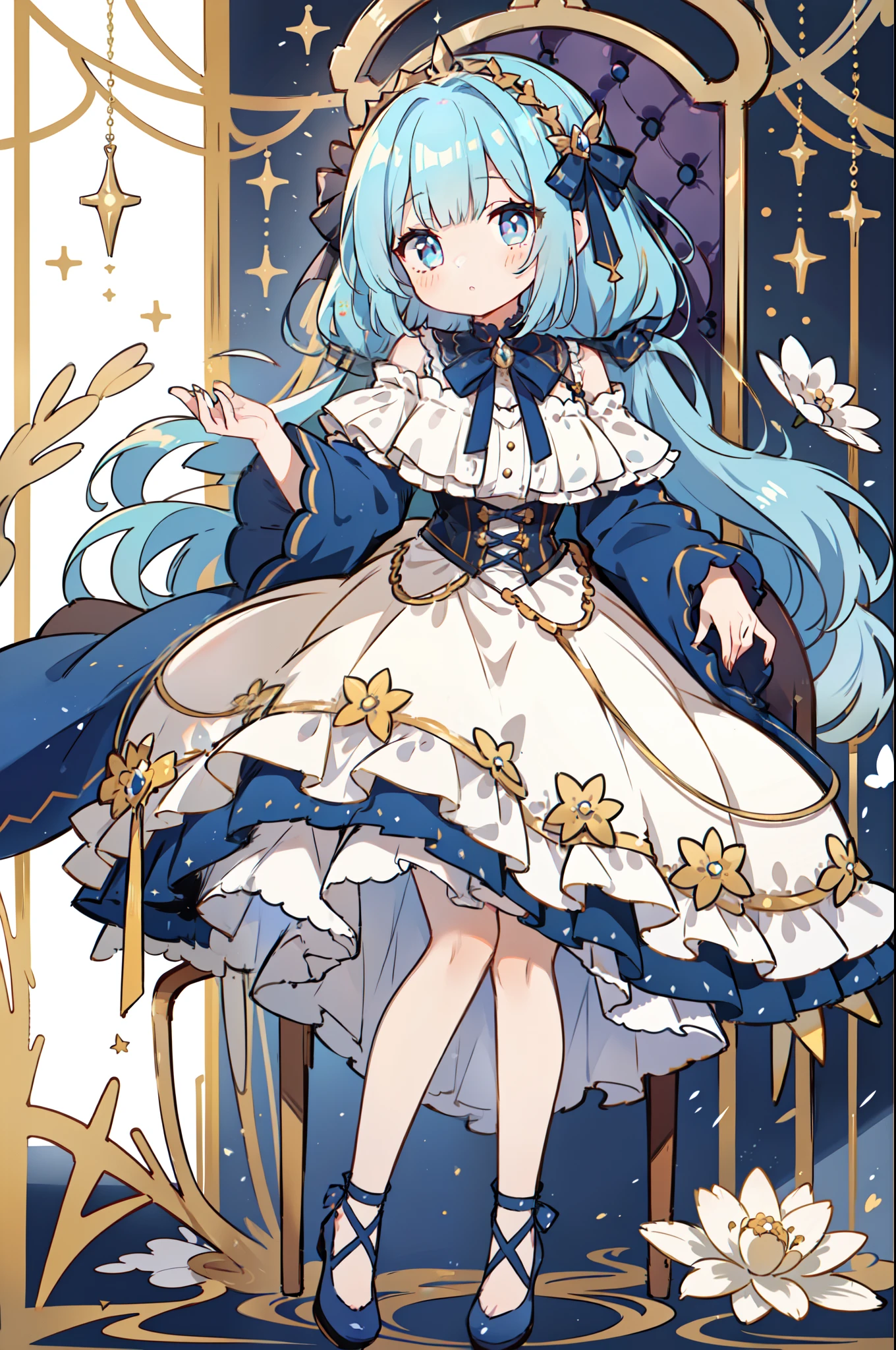 (1 girl in:1.2)、((full body Esbian、Photo of sitting on a chair))、top-quality、masutepiece、blue hairs、Longhaire、fluffy hair、Golden Eyes、beautiful and delicate eyes、Noble attire、Victorian、Gold Rim Dress、Luxurious ruffles、cute little、Luxurious dresses、Bow for lifting the hem