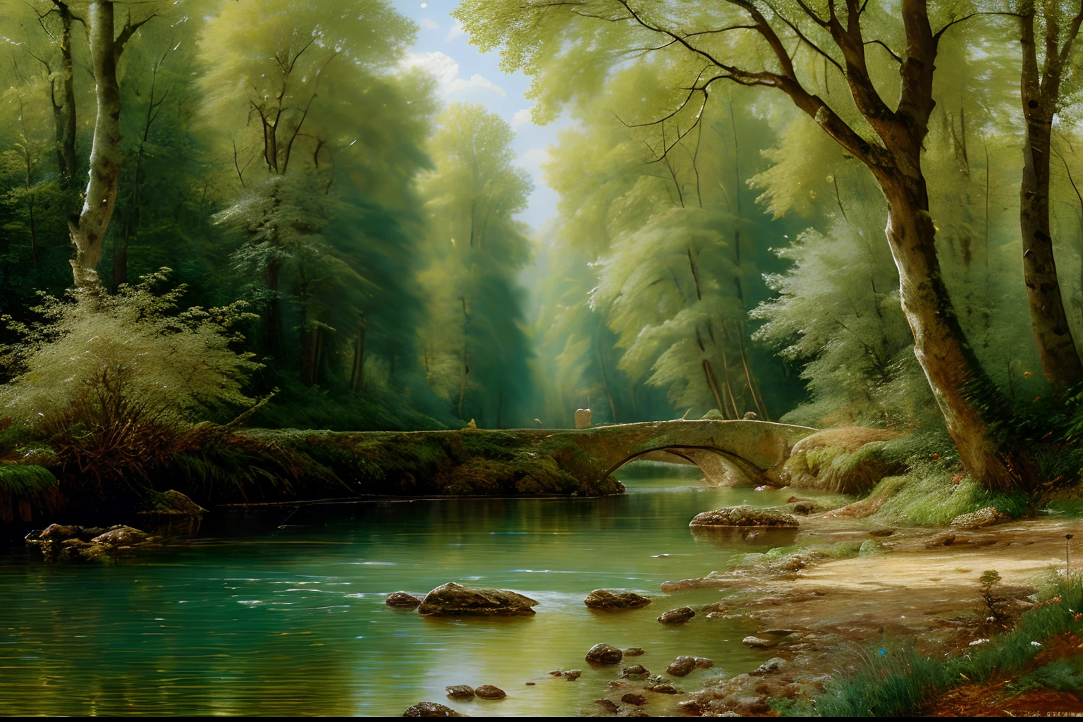 paysage sous-bois,des rochers, Eau,  (Highly detailed CG Unit 8k wallpaper), The most beautiful work of art in the world, Professional majestic oil painting, complexe, High detail, mise au point nette, dramatique, Art of photorealist painting,Style Alma Tadema