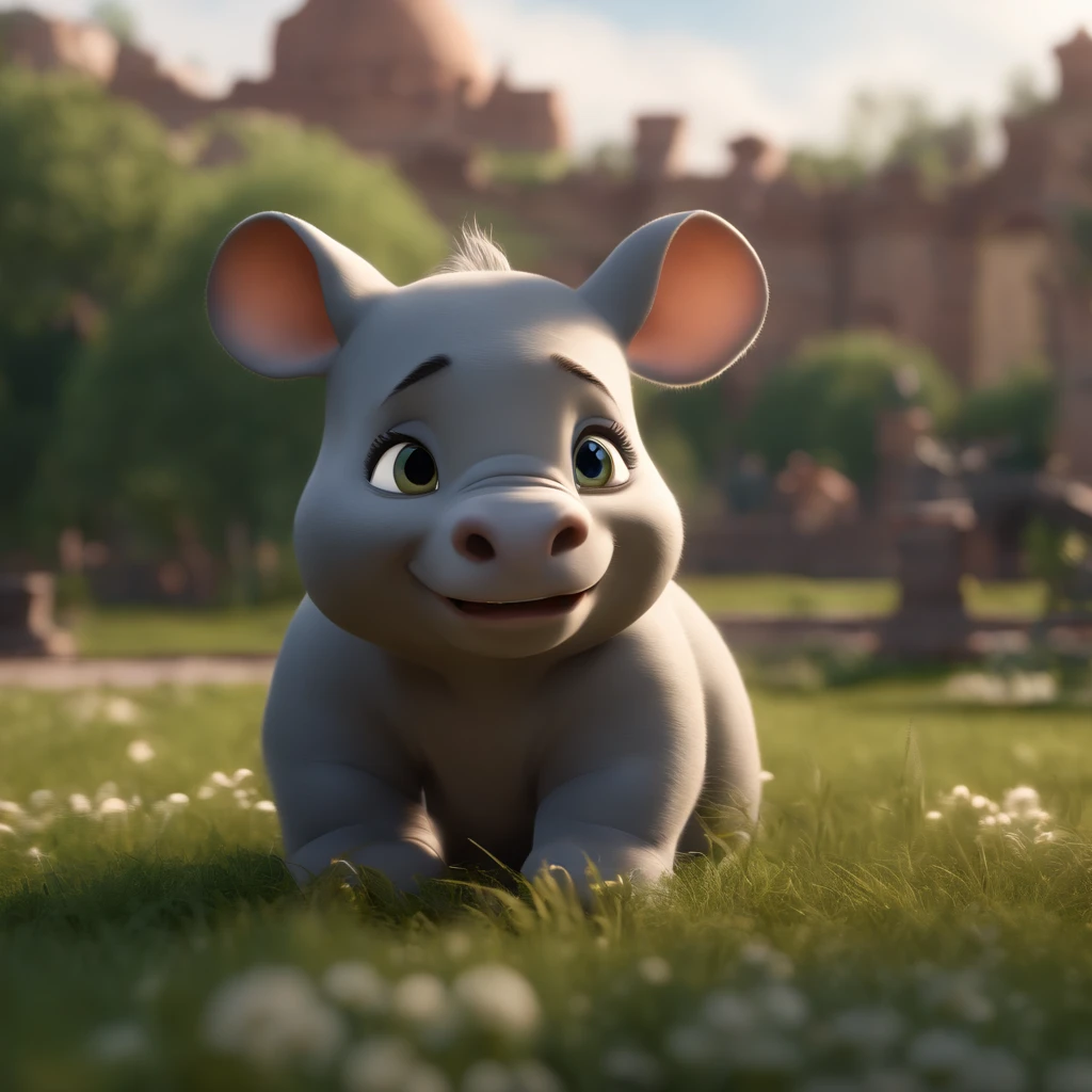 Movie quality，Disney Animation，Disney Animation Styles，Disney Movie Animation，3D Movies，Big rhino、with rounded corners、meadow background、Little cat、Sitting in an alley of the city，depth of fields，highlight，Real Light，Ray traching，OC rendering，Hyper-realistic，best qualtiy，8K，Works of masters，super-fine，Detailed pubic hair，Correct anatomy，sharp focus on eyes，Bokeh，Facial features are carefully drawn