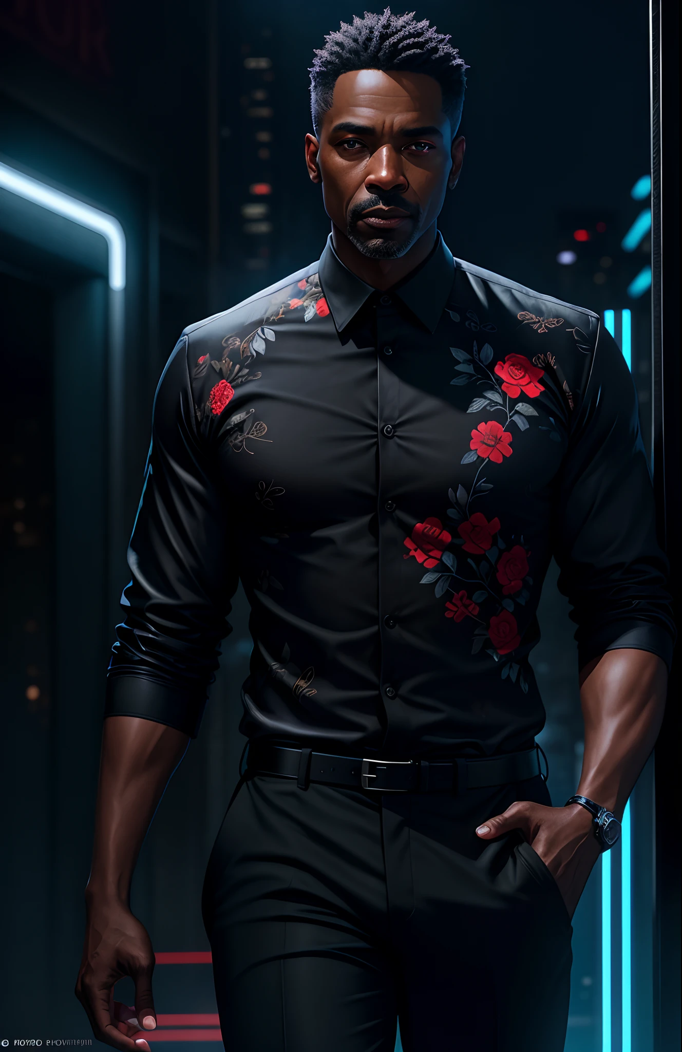 Outdoors, black mature male, wearing black and red floral shirt, wearing black dress pants, blue eyes, glowing eyes, short hair, grey skin, club environment, night, blue neon signs, 8k, Unreal engine, highly detailed, photorealistic,