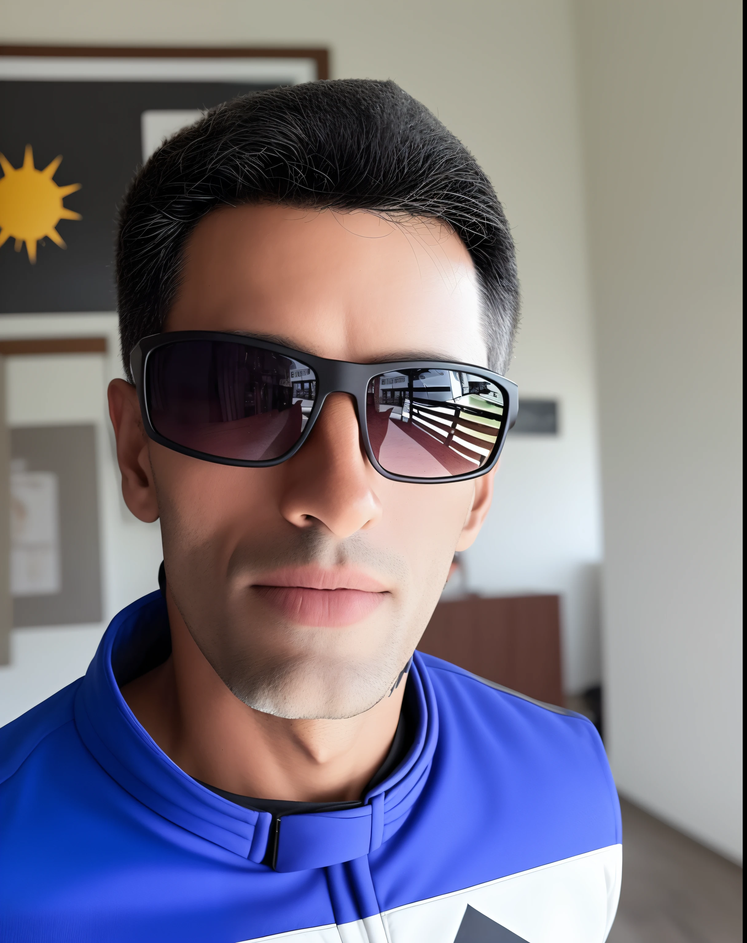 Homem de 30 anos com jaqueta preta de couro. jaqueta de academia. jaqueta preta de academia. pele bronzeada. sun glasses. Em uma sala preta de academia.