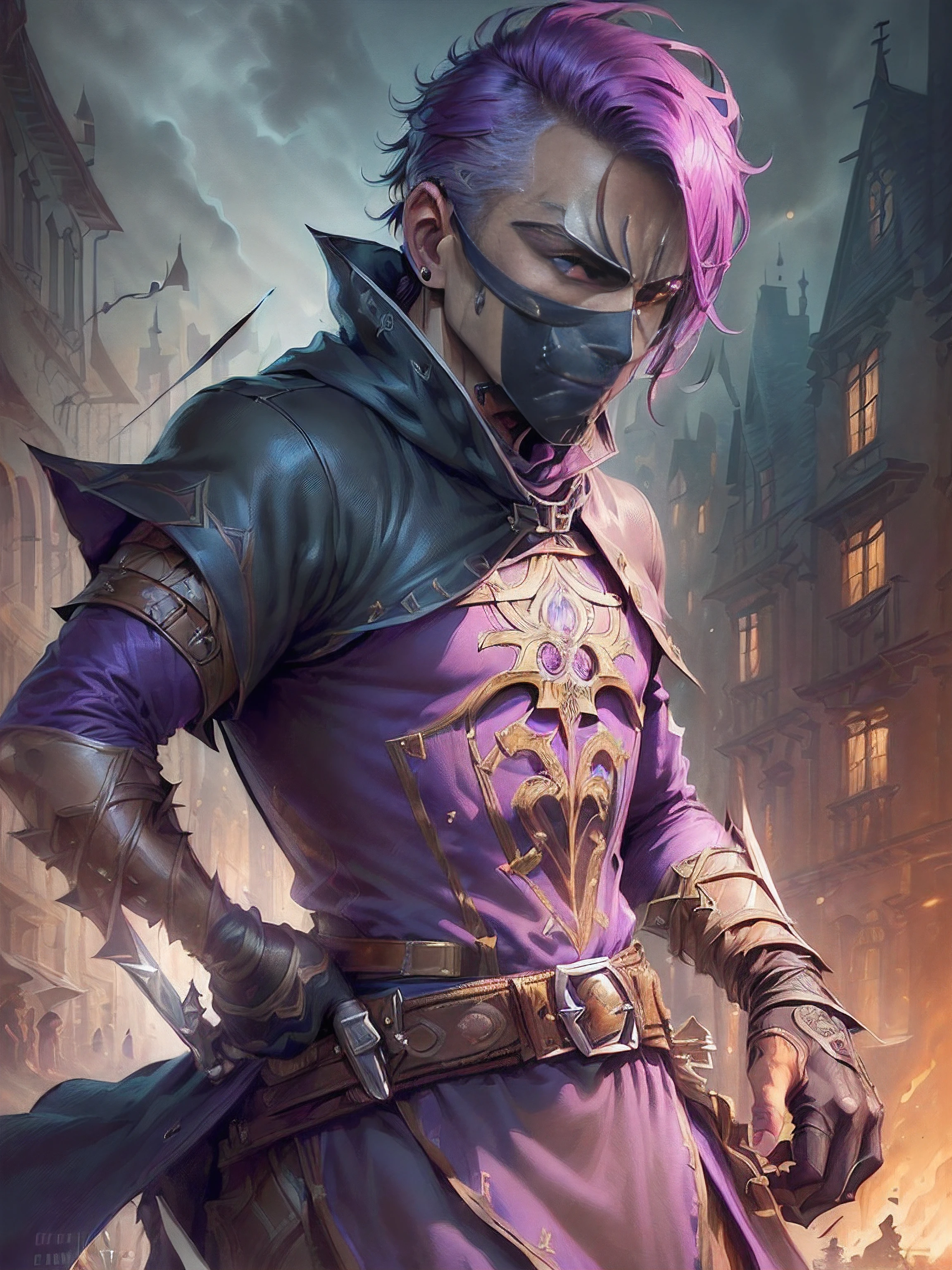 (superfine illustration, Best Quality, Ultra-detailed, Correct delineation, Perfect fingers, Perfect hands, fantasy illust:1.5), (town as background,:1.5), (male mysterious assassin, frown, wearing assassin costume:1.5), (solo, male face, male body, male eyebrow, sharp eyes opened, sharp nose:1.35), (purple hair, extremely short hair:1.2), anger vein,