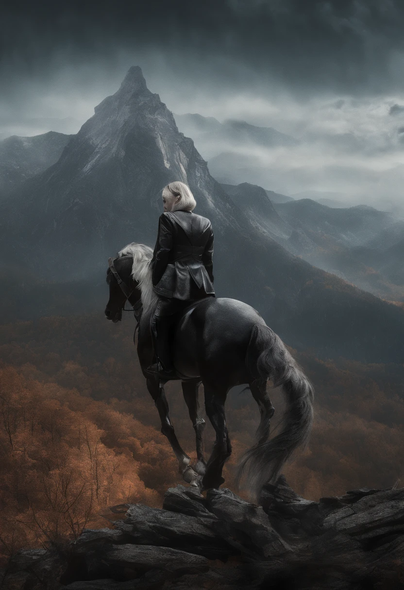 High image quality、​masterpiece、Leyendecker's style、Fantasy 3D、One child wearing a cat mask、Nordic beautiful girl、Half eye、Blue eyes、Smirking expression、Pretty small face、Light makeup、cat ears on head、Platinum blonde short hair、tiny chest、short waist、Mountains of autumn leaves々、Beautiful girl on a horse、Stop and look down from the top of the mountain