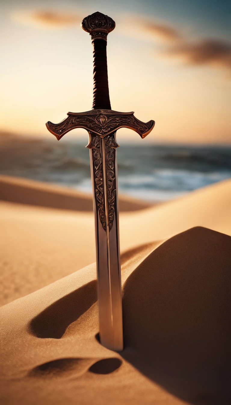 a sword in the sand, sun rising, (best quality, 4k, 8k, highres, masterpiece:1.2), cinematic, vivid colors, sharp focus, ultra-detailed, landscape, portraits, professional, physically-based rendering