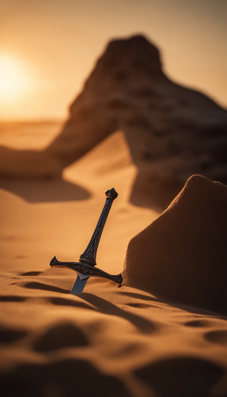 a sword in the sand, sun rising, (best quality, 4k, 8k, highres, masterpiece:1.2), cinematic, vivid colors, sharp focus, ultra-detailed, landscape, portraits, professional, physically-based rendering