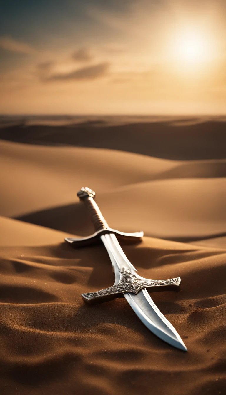 a sword in the sand, sun rising, (best quality, 4k, 8k, highres, masterpiece:1.2), cinematic, vivid colors, sharp focus, ultra-detailed, landscape, portraits, professional, physically-based rendering