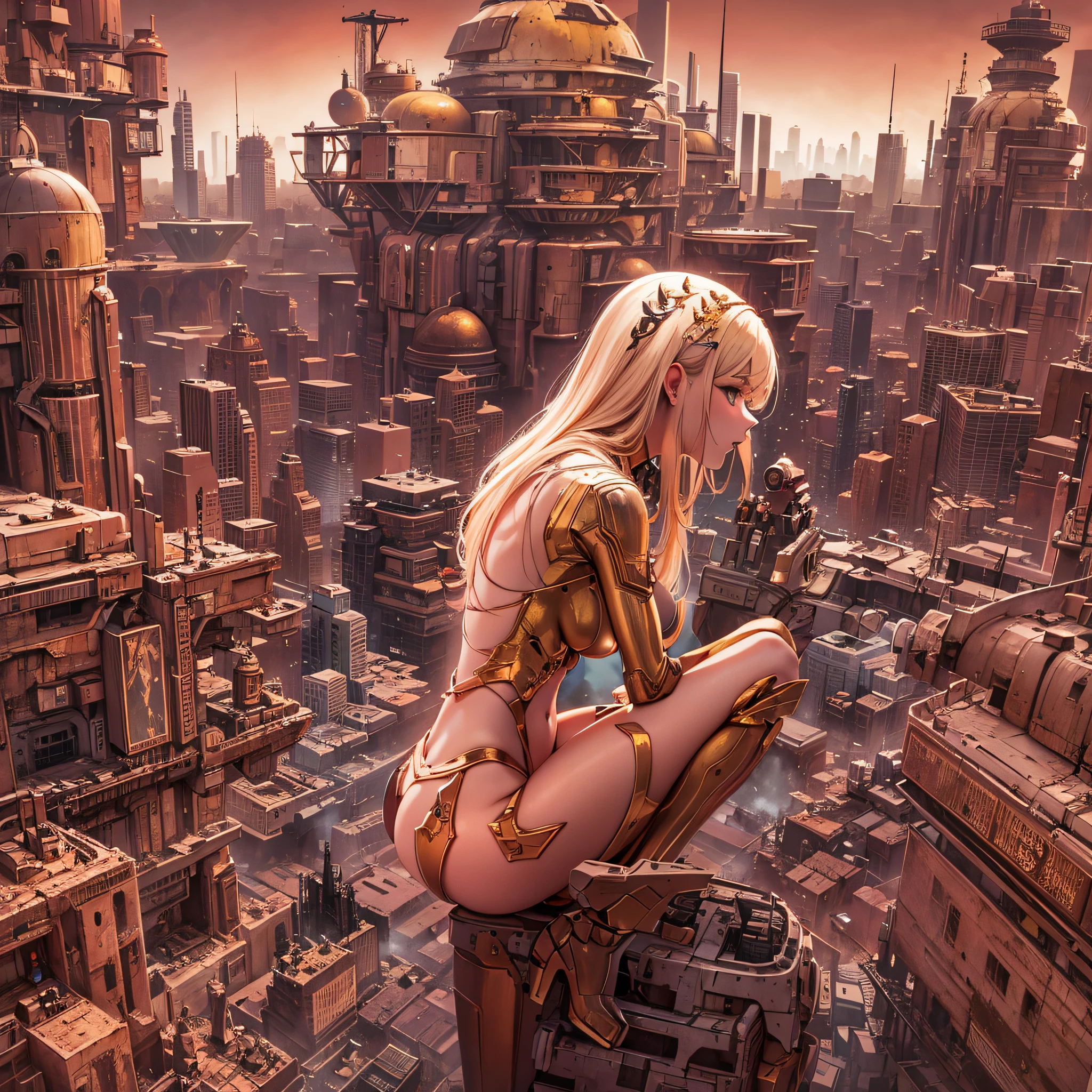 Cities on Mars，psychedelic，Ruined cityscape，Very beautiful，The head is human，a blond，Mechanized girl，gigantic breasts，navel，reaching out，sulking，full body，from below，Masterpiece, high definition, perfect composition, perfect face, perfect body, golden ratio, 8K，