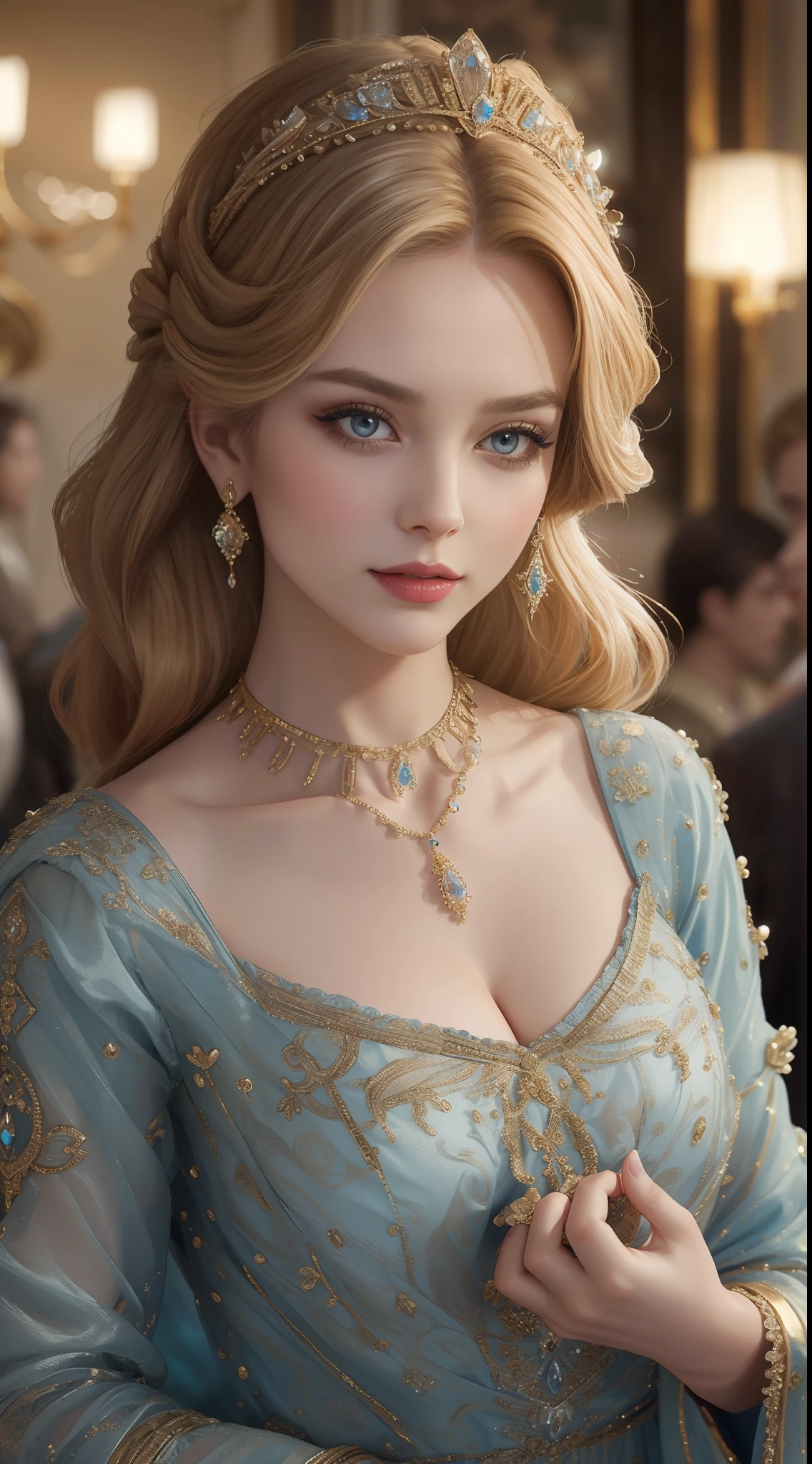 tmasterpiece,Highest image quality,Beautiful bust of royal women,Delicate blonde hairstyle,Decorated with dazzling intricate jewelry,super detailing,upscaled。