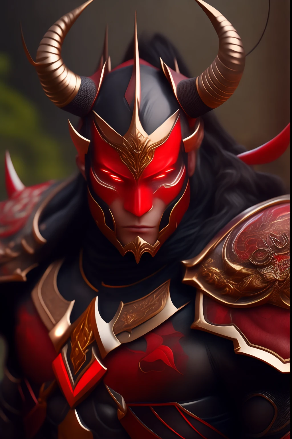 超A high resolution、An ultra-high picture quality、8K、Detailed details、marvelous expression、Fantastic forest landscape、、Fantastic worldview、Upper body view、Devil's Devil、1male people、Tattoos all over the face、Horns on the head、glow red eyes、Thin macho、Dressed in metal armor、Niō Standing、sword in hands、