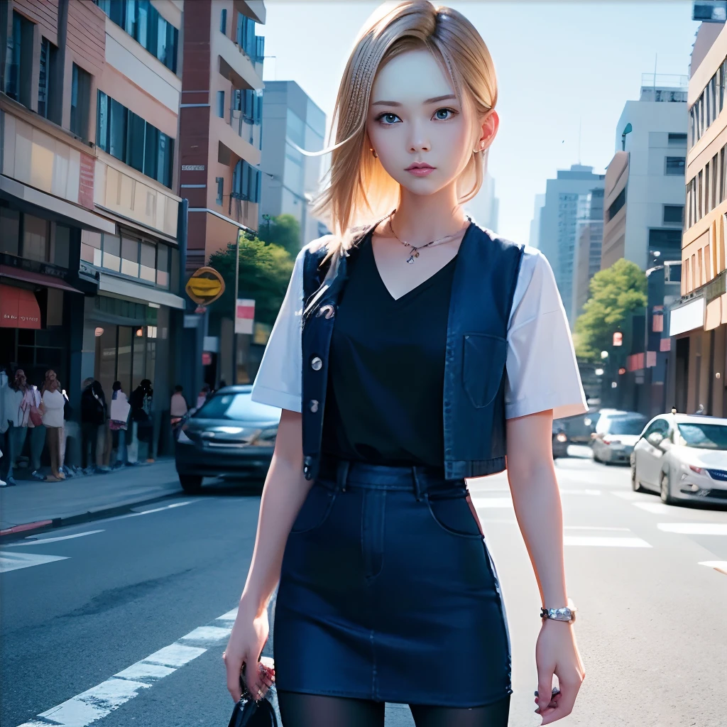 Cartoon characters flying in the sky、Woman in blue clothes holding lightning, concept-art:Akira Toriyama, Trends of the CG Association, Art Today, Official art, Screenshots of PlayStation 5, 1. Super Detail Woman、Android 18、独奏、blonde hair、((Blue eyes))、short-hair、耳Nipple Ring、jewely、Denim Vest、open vest、Black pantyhose、White shirt、Denim skirt、 Short sleeves with black stripes,,,,,, a blue skirt, middlebreasts, Cowboy Shots, Street,((Streets in the background of a destroyed city))、8K、Ulutra HD、Sharp lines、top-quality、hight resolution、