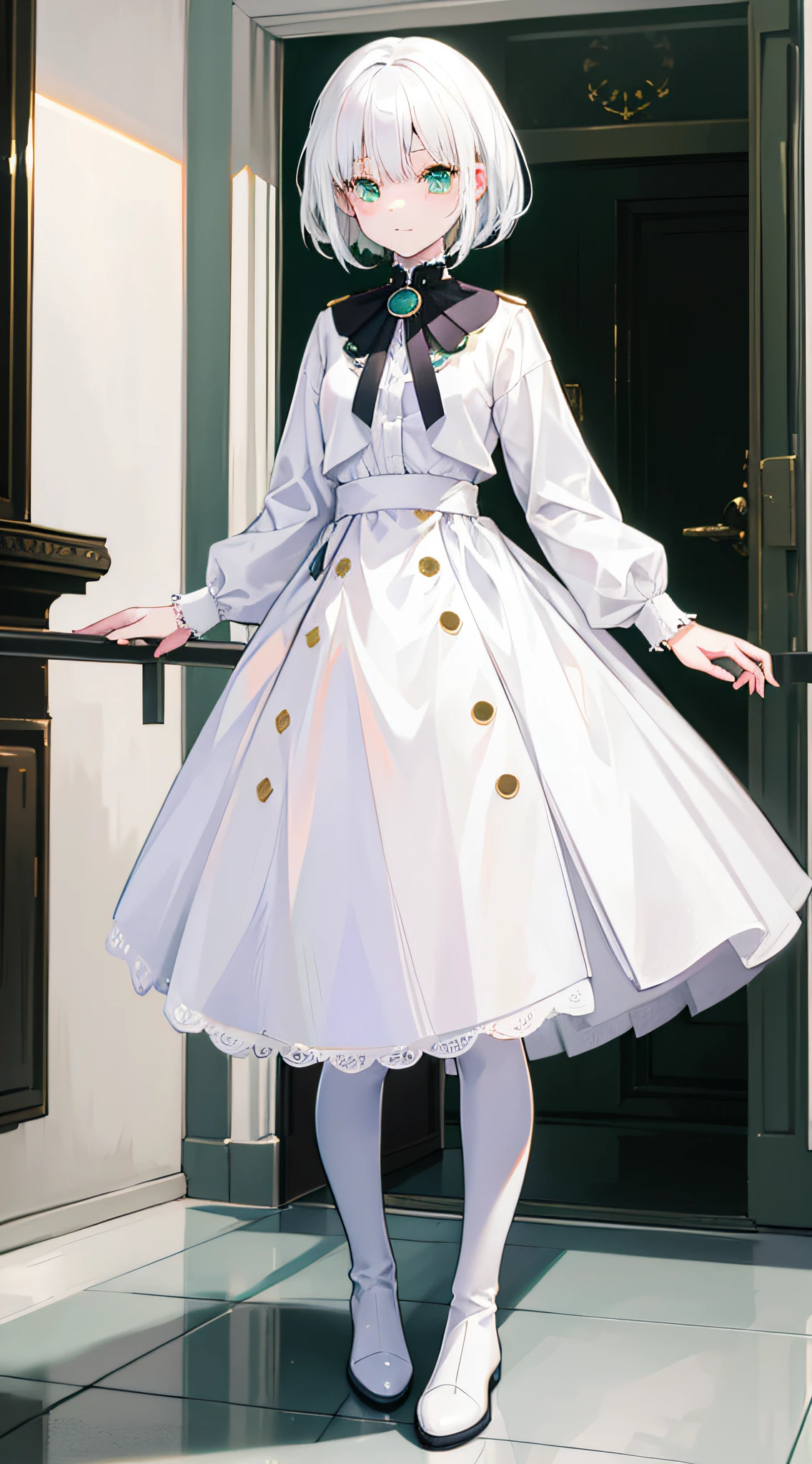 1girl;Milky white hair；short detailed hair;Green eyes;with a round face;ssmile;looking_at_viewer;Tall and tall;White casual clothes;White boots;standing;