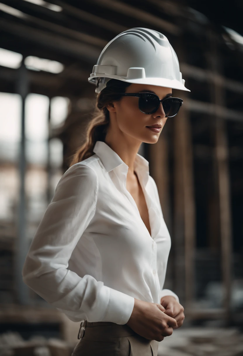 female architect with sunglasses, wearing white helmet in front of construction site, stylish, seductive look, shirt with open neckline, masterpiece, best quality, ultra detailed, alone, outdoors, wearing architect clothes, sexy, close-up, cinematographic light, big breasts.