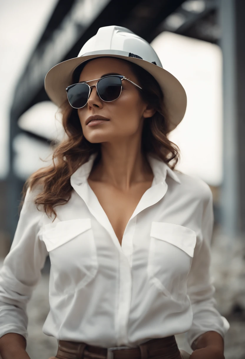 female architect with sunglasses, wearing white helmet in front of construction site, stylish, seductive look, shirt with open neckline, masterpiece, best quality, ultra detailed, alone, outdoors, wearing architect clothes, sexy, close-up, cinematographic light, big breasts.