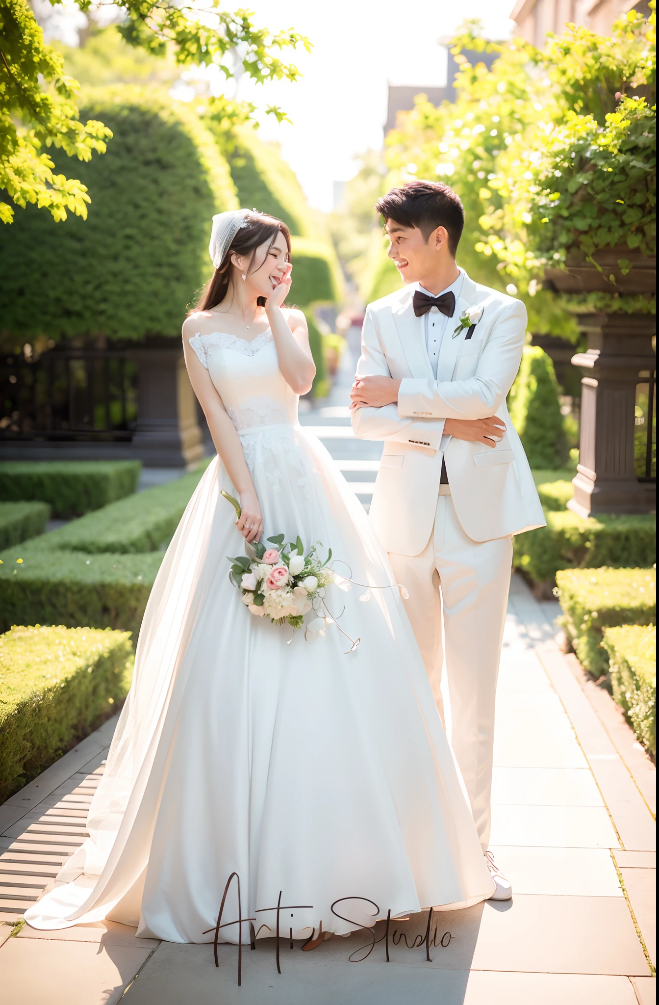 A man and a woman dressed in a white wedding dress，Standing side by side, wedding photo, Cyan tones,Red wedding dress,Melon-eating masses,