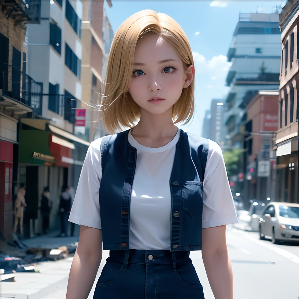 Cartoon characters flying in the sky、Woman in blue clothes holding lightning, concept-art:Akira Toriyama, Trends of the CG Association, Art Today, Official art, Screenshots of PlayStation 5, 1. Super Detail Woman、Android 18、独奏、blonde hair、((Blue eyes))、short-hair、耳Nipple Ring、jewely、Denim Vest、open vest、Black pantyhose、White shirt、Denim skirt、 Short sleeves with black stripes,,,,,, a blue skirt, middlebreasts, Cowboy Shots, Street,((Street in the background of a destroyed city))、8K、Ulutra HD、Sharp lines、top-quality、hight resolution、