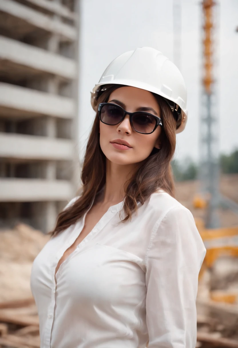 female architect with sunglasses, wearing white helmet in front of construction site, stylish, seductive look, shirt with open neckline, masterpiece, best quality, ultra detailed, alone, outdoors, wearing architect clothes, sexy, close-up, cinematographic light, big breasts.