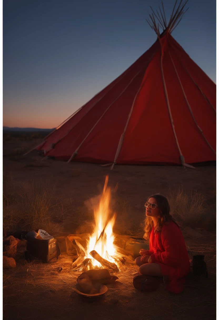 Lori,Solo Camping,Burning fire,Ajillo,１girl with,sodden,Red Underrim Glasses,natta,Sitting girl,Girl Eating,abajour,teepee,Cooler Box,sleeping bag,