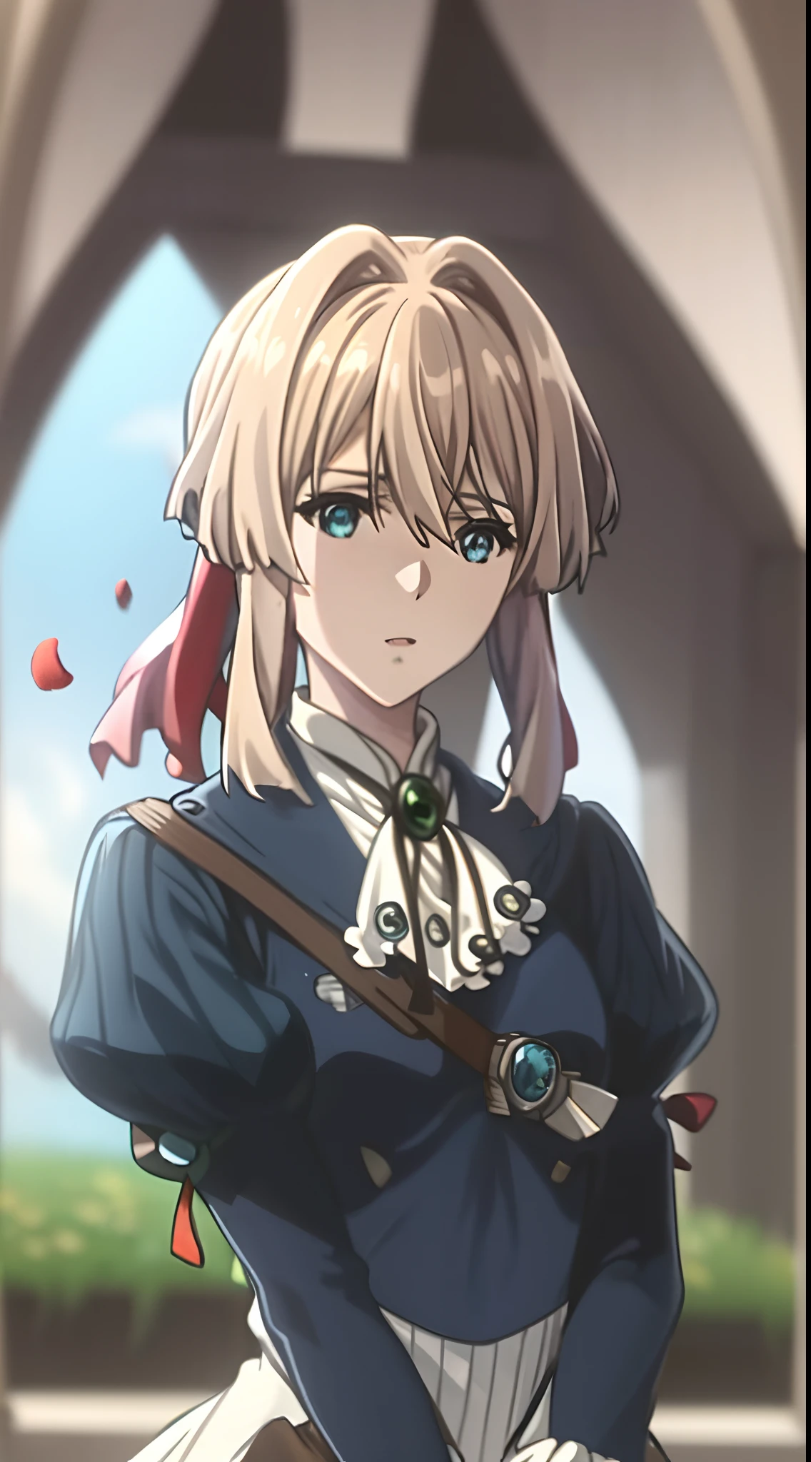 ((masutepiece)), ((Best Quality)), (Ultra-detailed), ((Extremely detailed)), 4K, (8K), Best Quality, (Beautiful), Focus on face0, Cute little girl s, 1girl in, Solo, ((Beautiful eyes))0, (Dynamic Angle: 1.3), Wind, Movie Highlight, Tindall Effect, 1 girl, Upper body, Arms up, look at the audience, extreme close - up, (((Violet Evergarden))), Solo, Jewelry, deadpan, brooches, Blonde_hair, ( Vevry Long Hair: 1.2), Messy_hair, Floating hairlong_sleeves, bow ribbon, Blue_Eyes, Jacket, Dress, gemstone, hair_ bow ribbon, skyporn, Depth_In the_field, flower  field, Fluttering petals