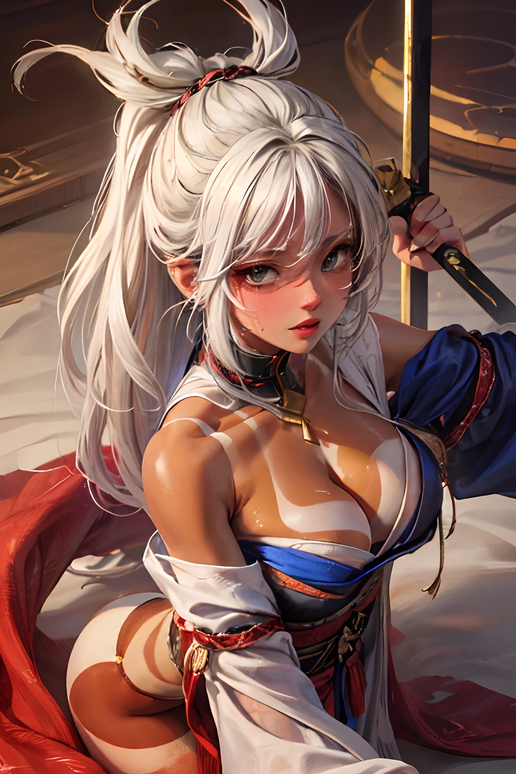 Barefoot woman(30-years old) , (strongly tanned skin:1.7)、 (White hair)、(Samurai style kimono:1.0)、(two swords)、Bare shoulders, Double eyelids, Parted lips,Solo,(cleavage)、delicate and sexy(鎖骨:1.3), (Shiny skin:0.8),(masutepiece:1.4),(Best Quality:1.4),glossy red lips, Perfect Abs, (full of sweat)、High detailed skin, Skin pores,