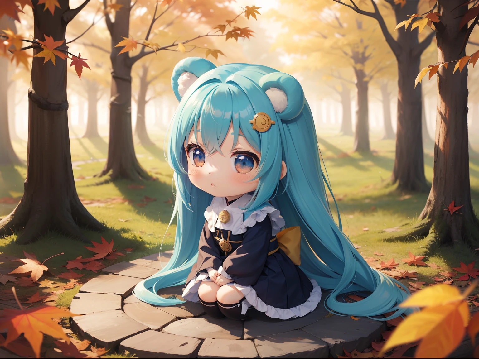 Chibichara long hair with blue hair((Chibi Chara))、Fluffy、girl with、Chibi Chara、full body Esbian、Pastel colors hair、masutepiece、top-quality、In the forest of autumn leaves、Cute bears are also with us。
