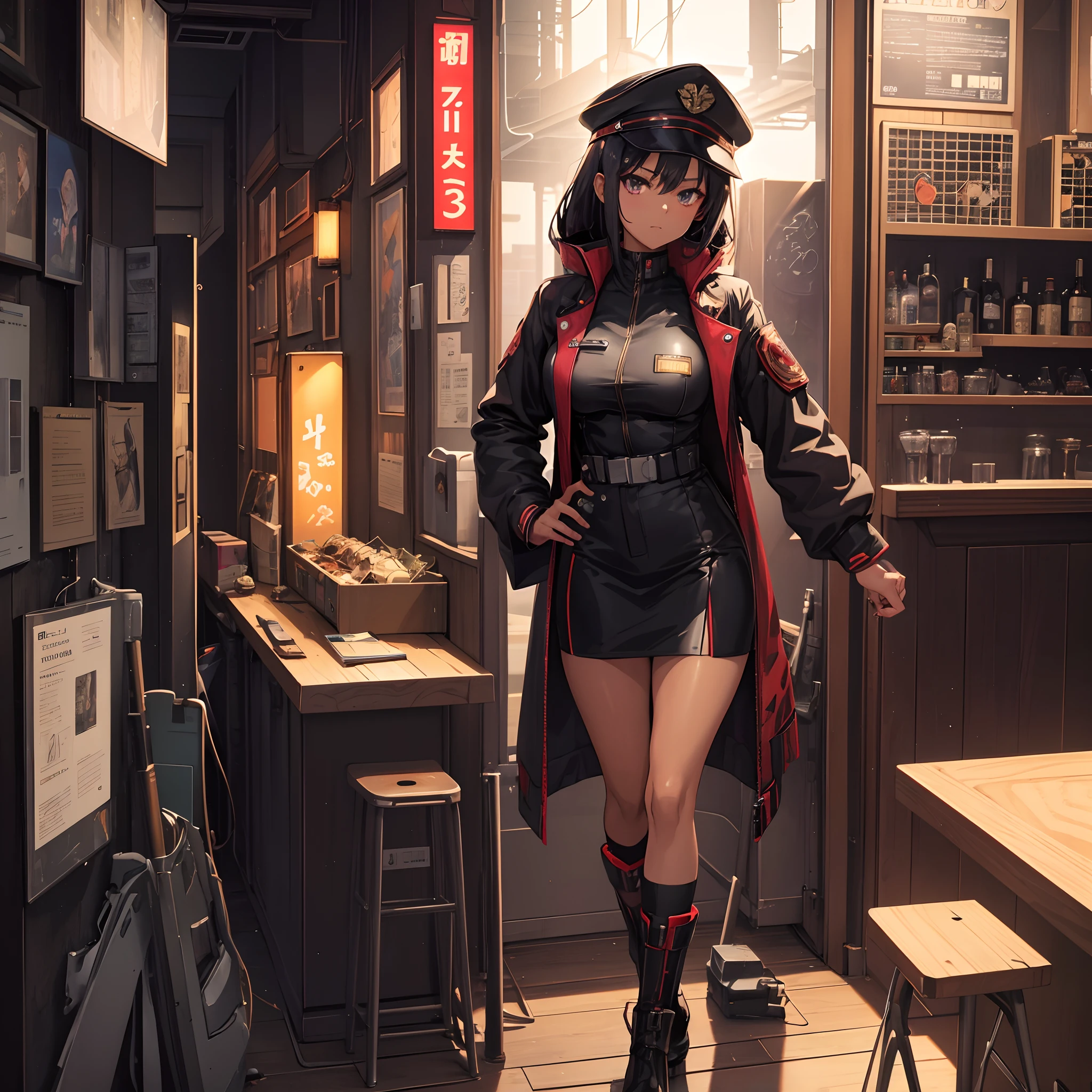a dark brown skin anime girl wearing dark red full retro military uniform also wearing military hat, cool tomboy, inside a bar at night, badass anime 8 k, female dark sci fi anime girl, digital sci fi anime art, sci fi anime girl, anime sci fi art, anime girl mech, modern sci fi anime, cyberpunk anime art, digital sci fi - anime art, anime sci fi, cyberpunk angry gorgeous goddess, portrait, sci fi, insidebar, cyberpunk, absurdres, high res, ultrasharp, 8K, masterpiece, looking at viewer,HDR, sci-fi, professional, sharp focus, very dim lighting, bokeh, best quality,(ultra-detailed),hyper details,(delicate detailed), (intricate details), (cinematic light,best quality Backlights), clear line, ,perfect body