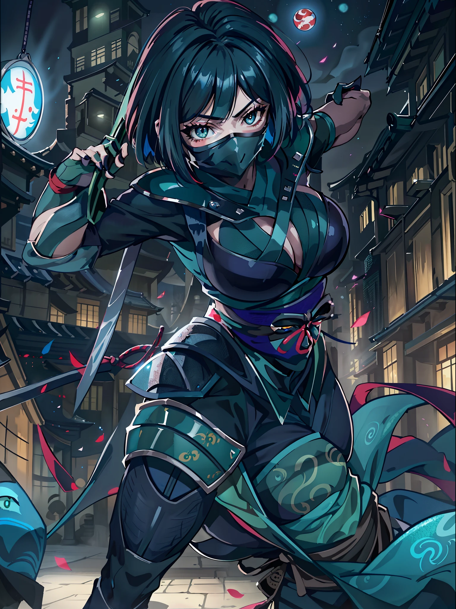 [(deep blue background)::10],((​master piece,Best quality)),1 girl,(Solo),(avatar),(short detailed hair),Bob,whaite hair,(Green eyes),(huge tit,long chest),(cleavage),(ninja
mask
armor
ninja_clothes:1.3),At night,Stand,(shiny pupils:1.2)+(Shiny eyes:1.3)