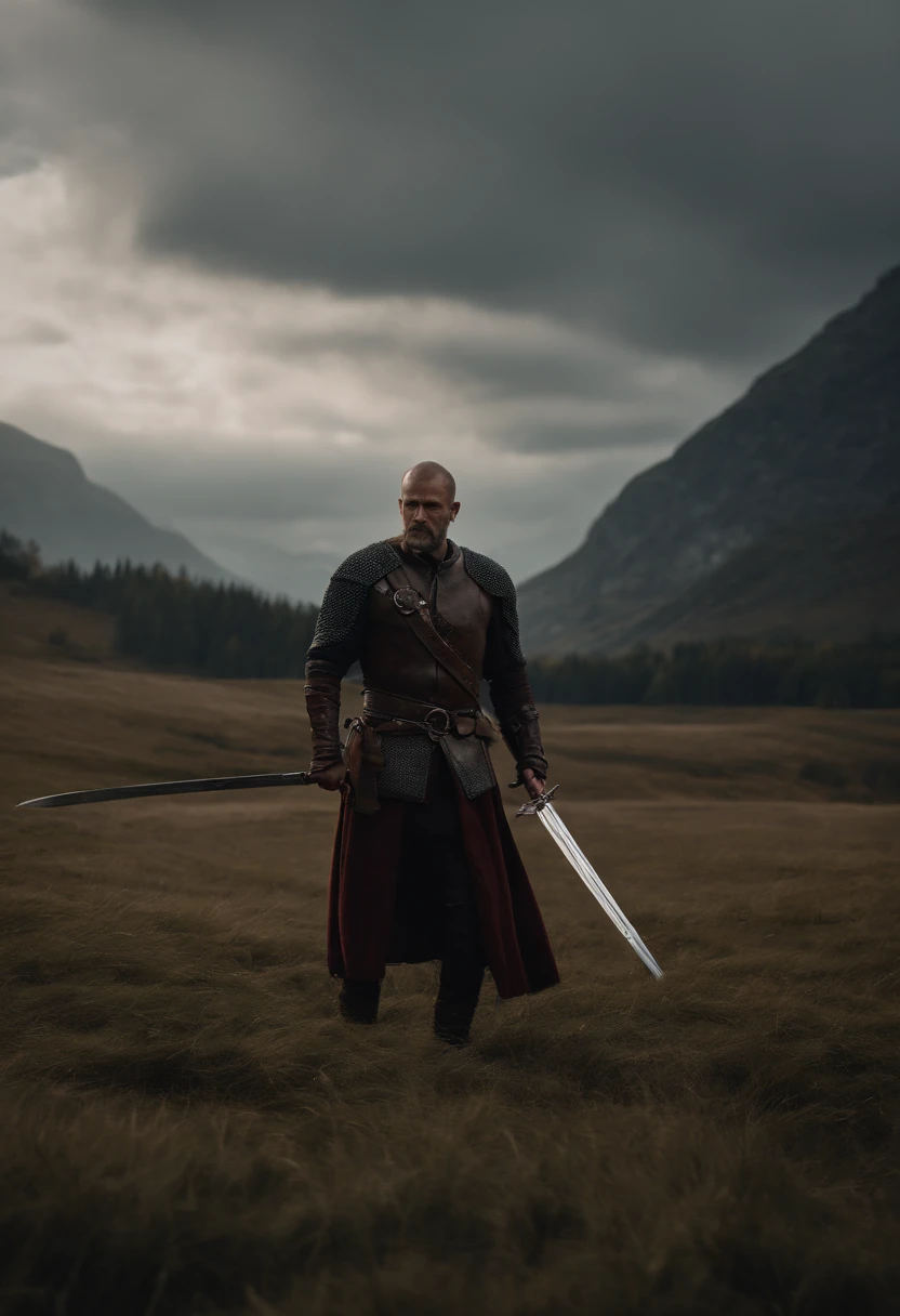arafed man with sword standing over a dead man on a field, a picture inspired by Þórarinn B. Thorlaksson, reddit, dau-al-set, from witcher (2021), the rider carries a large sword, still from a fantasy movie, with large sword, felix englund style