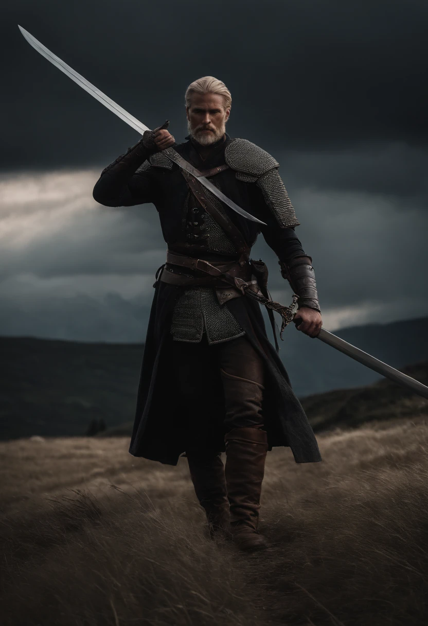 arafed man with sword standing over a dead man on a field, a picture inspired by Þórarinn B. Thorlaksson, reddit, dau-al-set, from witcher (2021), the rider carries a large sword, still from a fantasy movie, with large sword, felix englund style