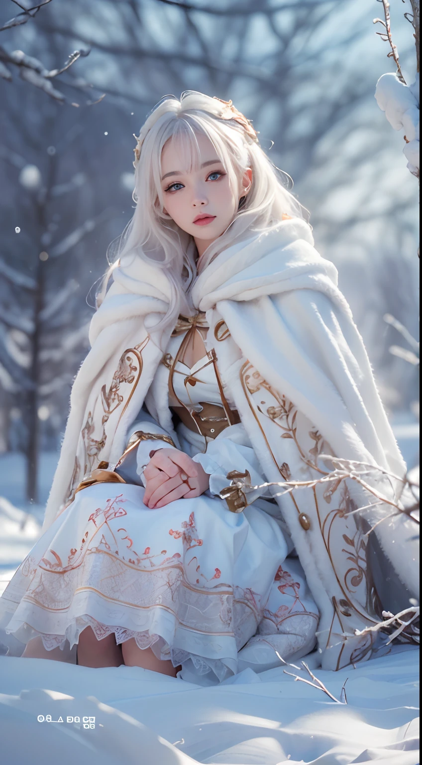 (8K, RAW photo, Photorealistic:1.4)， high resolution, 1 Women, Solo,。.。.。.。.。.3D，Sitting,(Lolita costume)，Wear a flowing skirt， Beautiful eyes, White hair, ringed eyes, (sitted，Cloak，Heavy snow)，snowfield