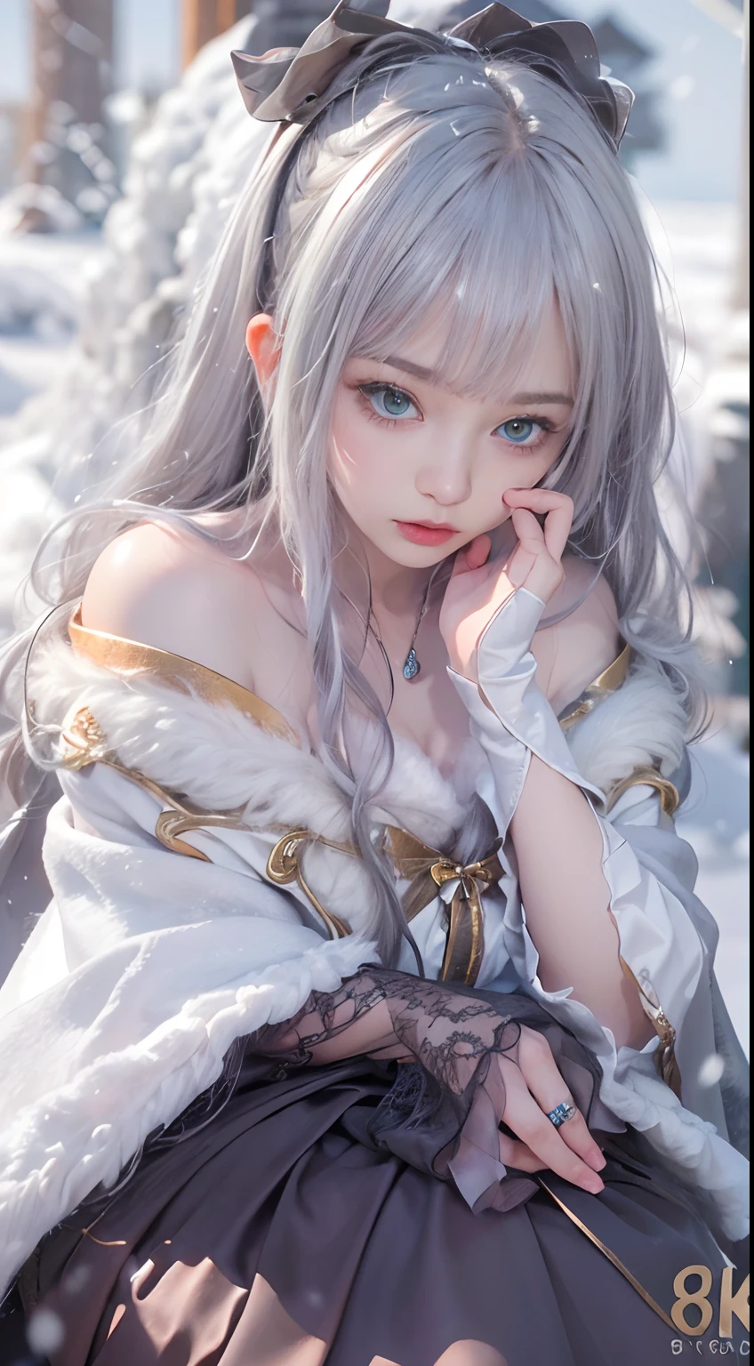(8K, RAW photo, Photorealistic:1.4), high resolution, 1 Women, Solo,。.。.。.。.。.3D,Sitting,(Lolita costume),Wear a flowing skirt, Beautiful eyes, White hair, ringed eyes, (sitted,Cloak,Heavy snow),snowfield