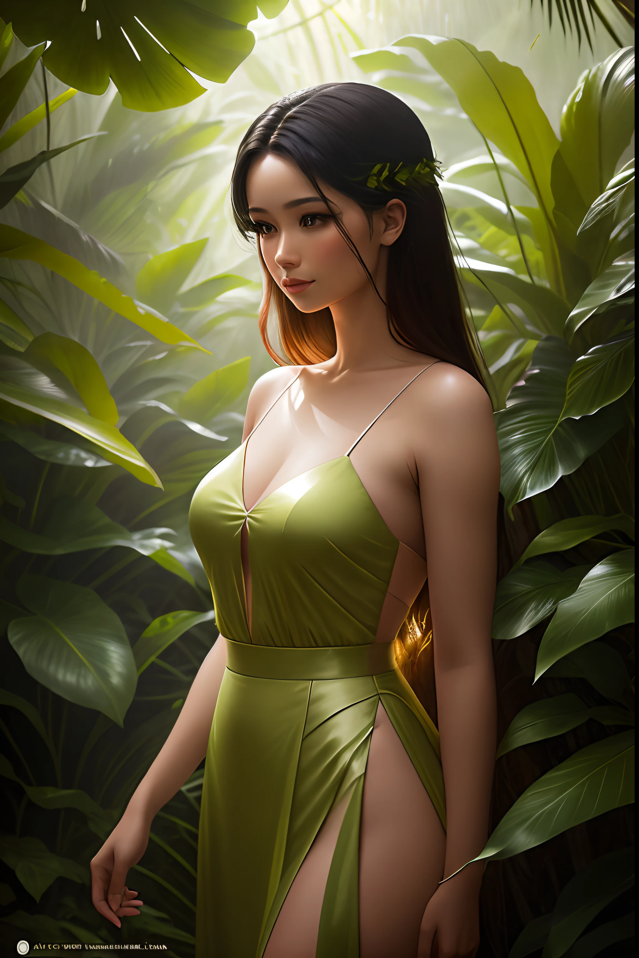 an artwork of a stunningly beautiful lady in a lush rainforest during a tropical downpour. She wears a simple yet elegant outfit suitable for the jungle. The rainforest backdrop is illuminated by the warm, dappled light filtering through the canopy, creating a mystical ambiance