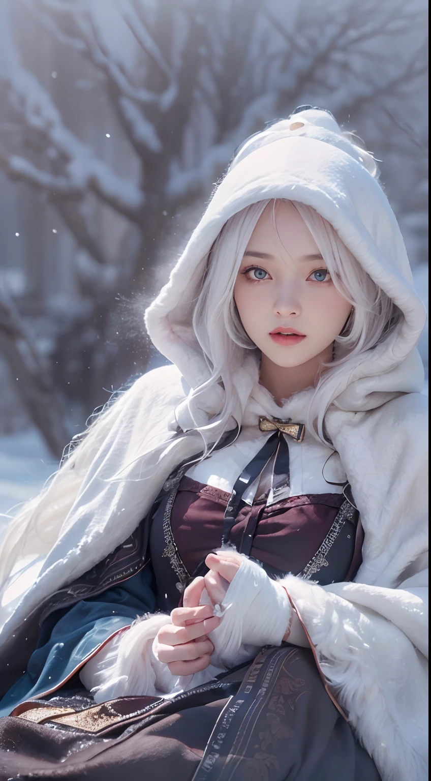 (8K, RAW photo, Photorealistic:1.4)， high resolution, 1 Women, Solo,。.。.。.。.。.3D，Sitting,(Lolita costume)，Wear a flowing skirt， Beautiful eyes, White hair, ringed eyes, (sitted，Cloak，Heavy snow)，snowfield