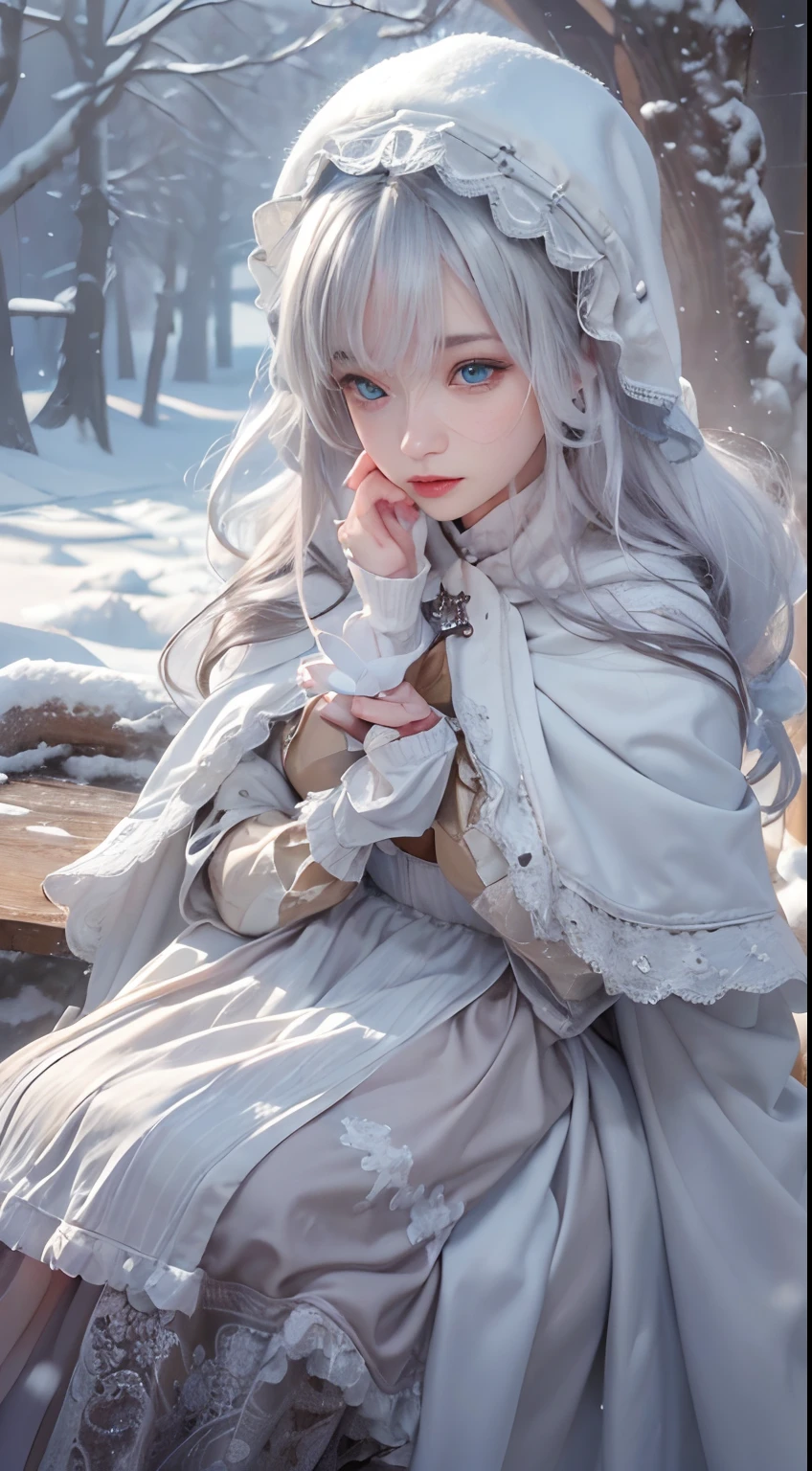 (8K, RAW photo, Photorealistic:1.4), high resolution, 1 Women, Solo,。.。.。.。.。.。.3D,Sitting,(Lolita costume),Wear a flowing skirt, Beautiful eyes, White hair, ringed eyes, (sitted,Cloak,Heavy snow,outside),snowfield,Seventeenth-century castle,