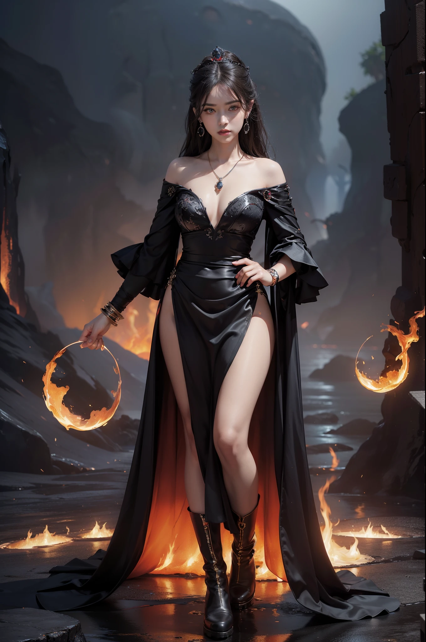 (((UHD))), (((masterpiece))), (((8k))), (((highres))), (((Surrealism))), (((cinematic lighting))), god rays, zoom layer, (((fullbody shot))), f/4.0, Canon, shiny skin,detailed skin,detailed face, detailed eyes, beautiful goddess of volcano, A majestic volcano summit, beautiful face, beautiful eyes, long deep brown, with a crown resembling flames, a robe that glimmers like fire,detailed face, detailed eyes, a sheer black skirt, sturdy and robust boots, a necklace adorned with red gemstones, a black bracelet, and earrings shaped like small pieces of lava, with billowing smoke and oozing lava,  a mysterious and beautiful place, fierce flames and smoke swirl