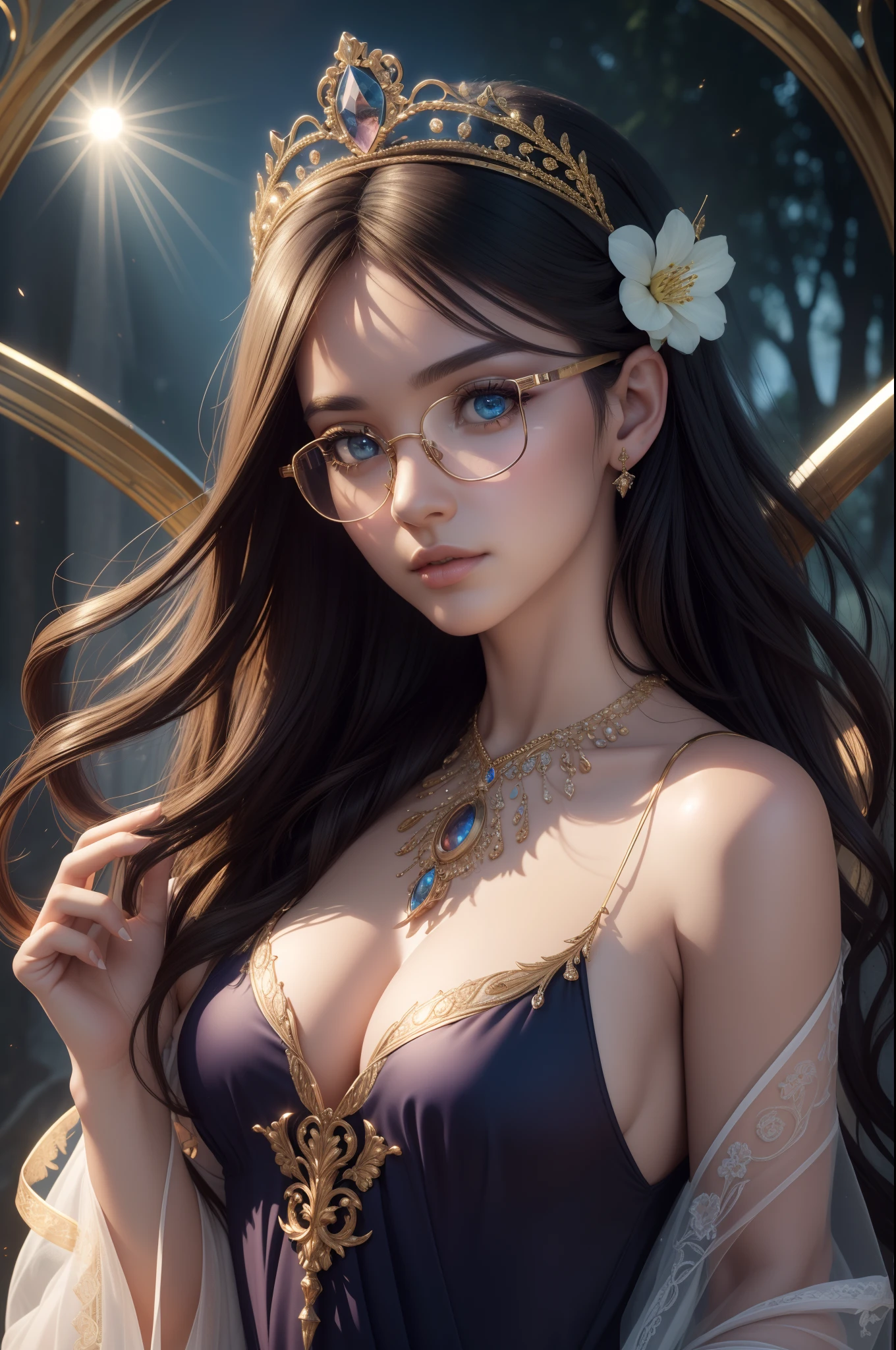 (((UHD))), (((masterpiece))), (((8k))), (((highres))), (((Surrealism))), (((cinematic lighting))), god rays, zoom layer, (((fullbody shot))), f/4.0, Canon, shiny skin,detailed skin,detailed face, detailed eyes, a goddess of glasses, a lot of lens around her, lens trees, lens flower, lens sandal,  Countless lens fluttering, beautiful face, detailed face, glasses tiara, dress with glasses designed, sheer robe, detailed eyes
