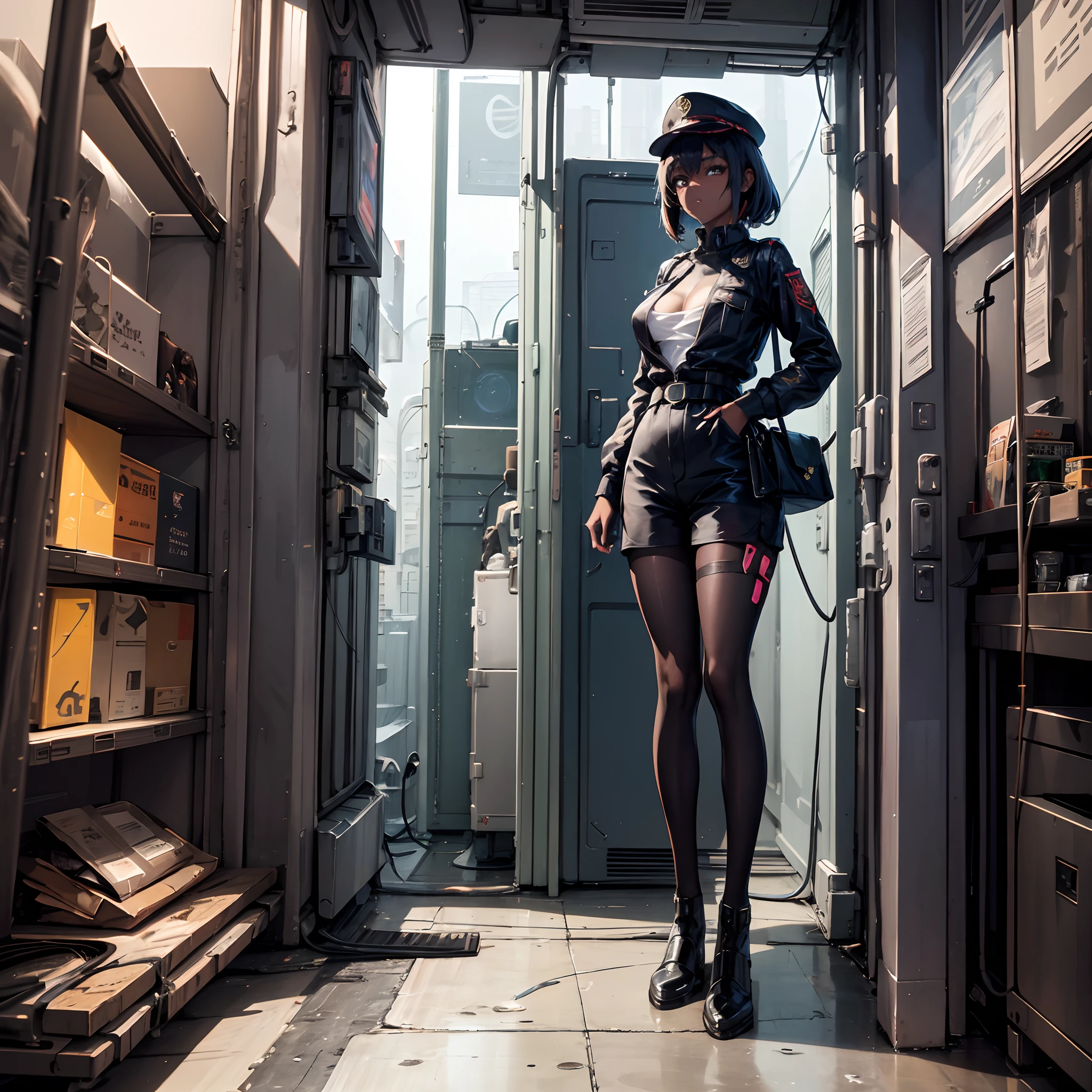 a dark brown skin anime girl wearing dark red full retro military uniform also wearing military hat, cool tomboy, inside a bar at night, badass anime 8 k, female dark sci fi anime girl, digital sci fi anime art, sci fi anime girl, anime sci fi art, anime girl mech, modern sci fi anime, cyberpunk anime art, digital sci fi - anime art, anime sci fi, cyberpunk angry gorgeous goddess, portrait, sci fi, insidebar, cyberpunk, absurdres, high res, ultrasharp, 8K, masterpiece, looking at viewer,HDR, sci-fi, professional, sharp focus, very dim lighting, bokeh, best quality,(ultra-detailed),hyper details,(delicate detailed), (intricate details), (cinematic light,best quality Backlights), clear line, ,perfect body