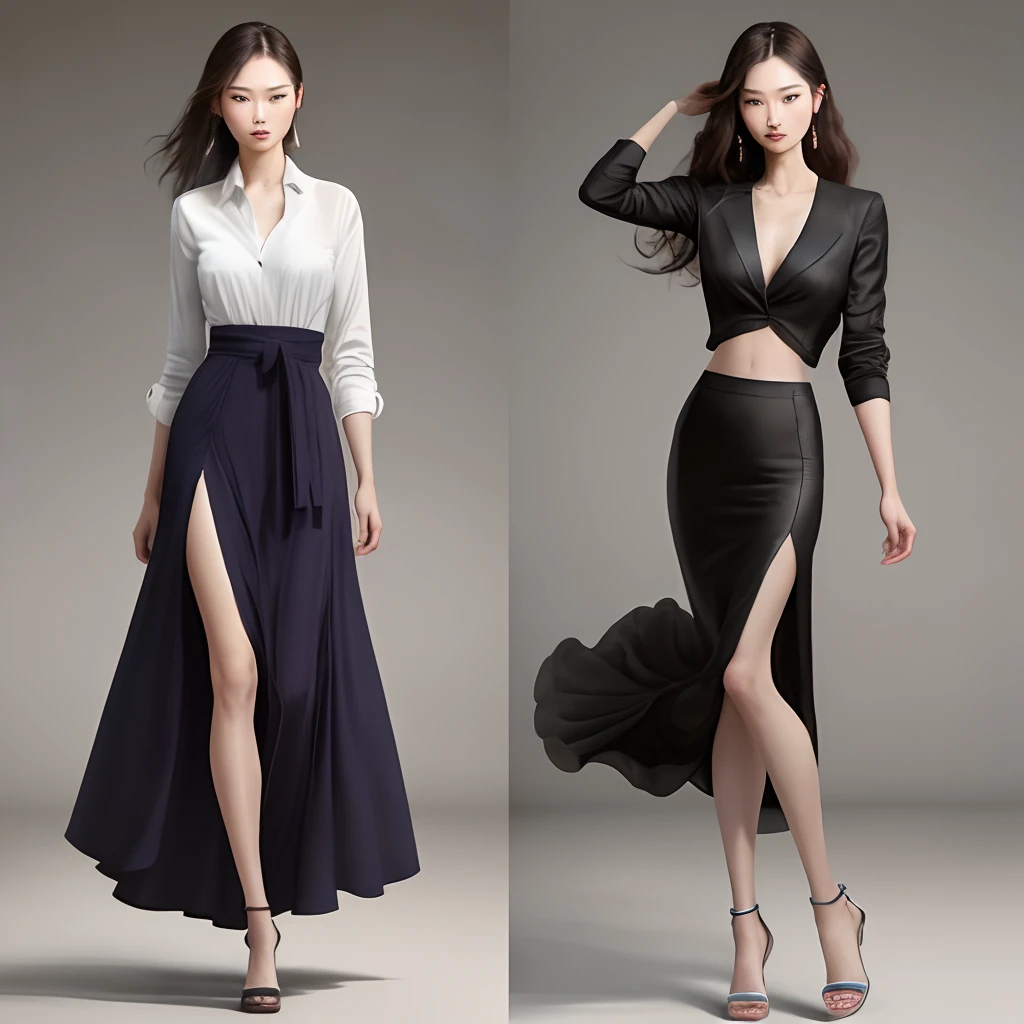 She is about 175cm tall，possess
Long legs comparable to supermodels，wearing a formal dress，
The hem of a women's shirt is tucked into the waistband，hook
Stretch out slender waist and bulging chest，
Capable and sophisticated。