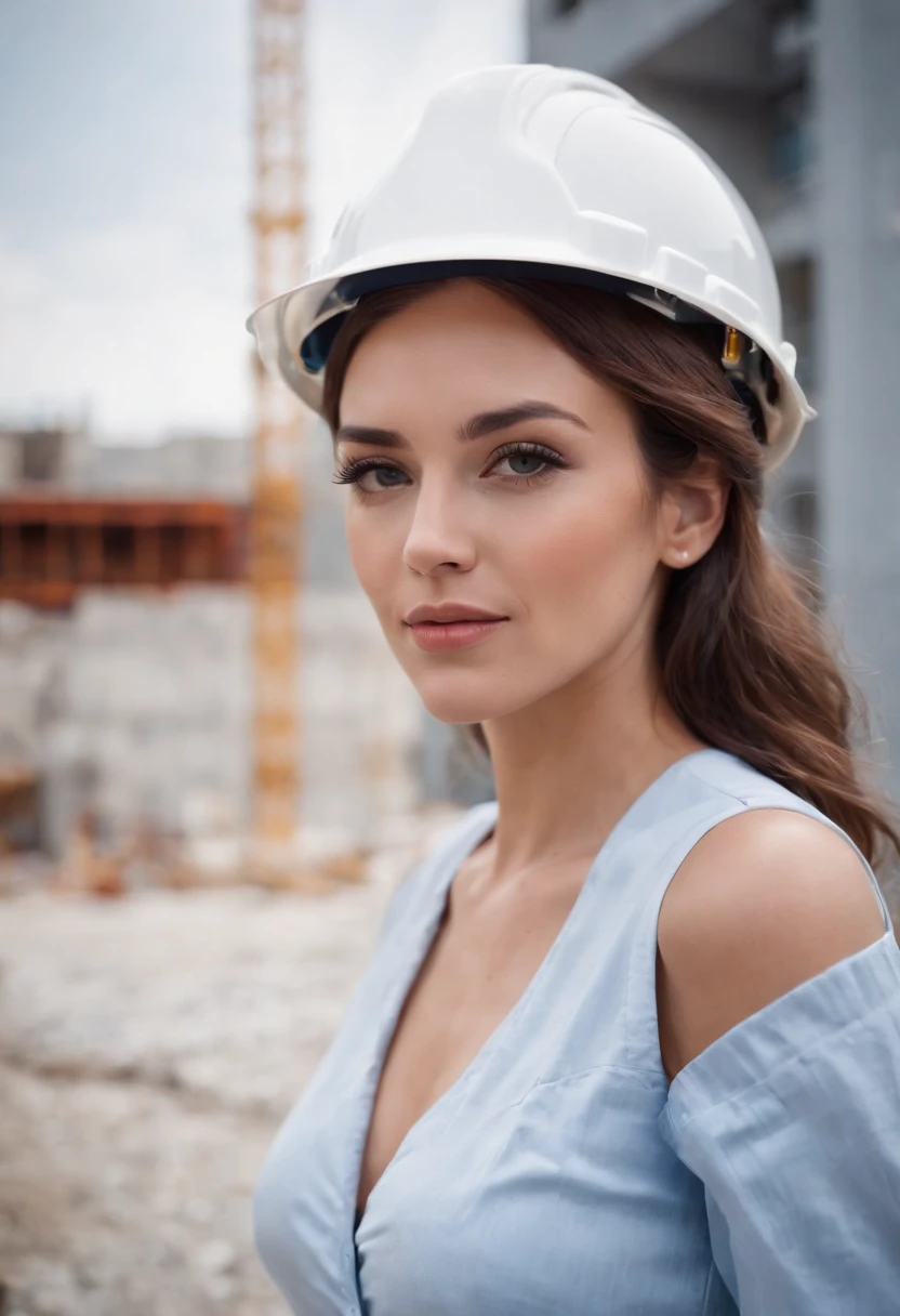 female architect with sunglasses, ((wearing white helmet in front of construction site)), stylish, ((blue shirt with open neckline)), masterpiece, best quality, ultra detailed, alone, outdoors, wearing architect clothes, sexy, close-up, cinematographic light, showing part of the breasts.