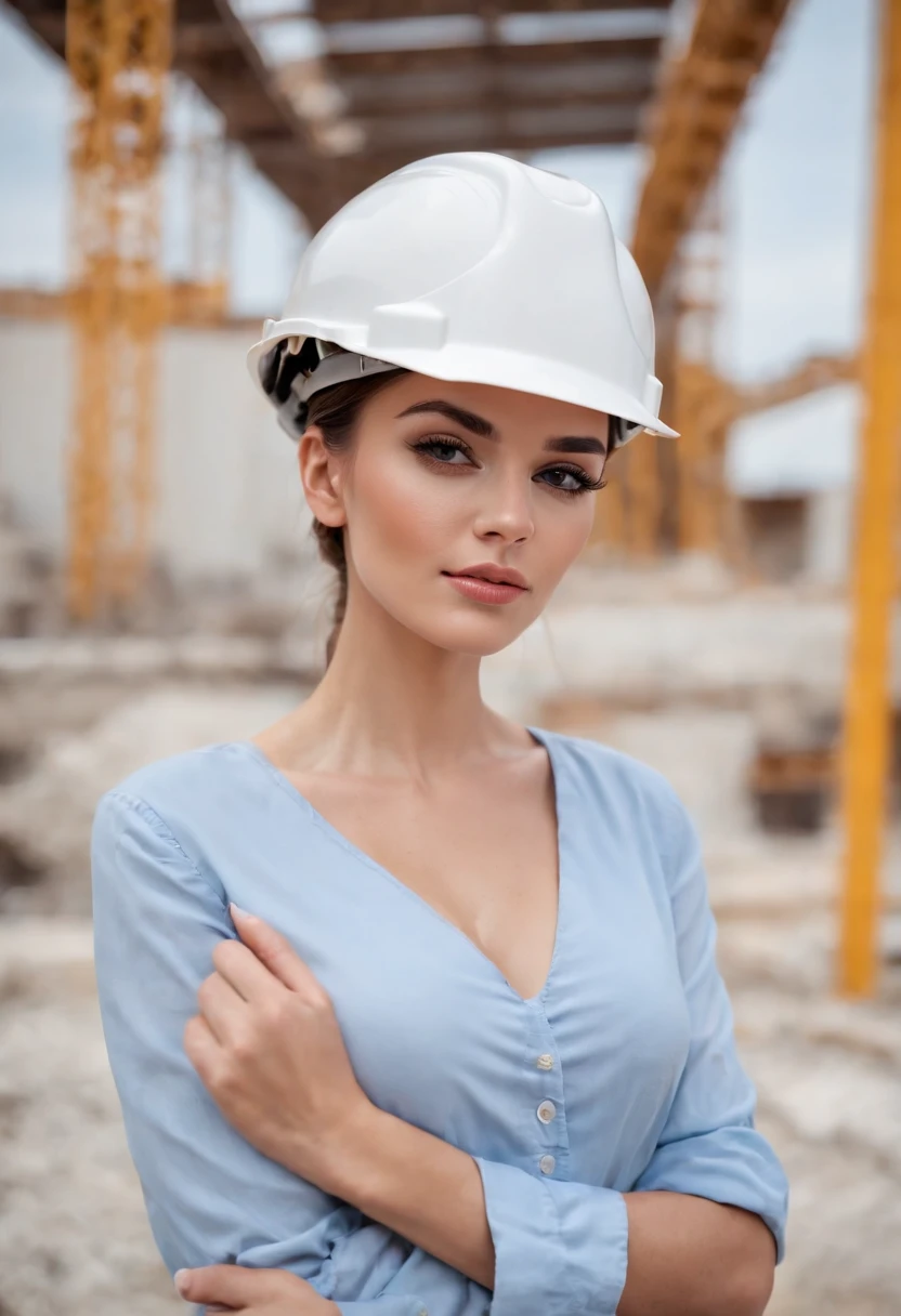 female architect with sunglasses, ((wearing white helmet in front of construction site)), stylish, ((blue shirt with open neckline)), masterpiece, best quality, ultra detailed, alone, outdoors, wearing architect clothes, sexy, close-up, cinematographic light, showing part of the breasts.