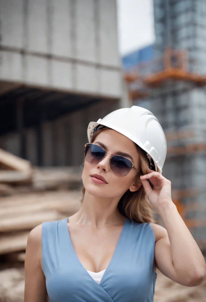 female architect with sunglasses, ((wearing white helmet in front of construction site)), stylish, ((blue shirt with open neckline)), masterpiece, best quality, ultra detailed, alone, outdoors, wearing architect clothes, sexy, close-up, cinematographic light, showing part of the breasts.