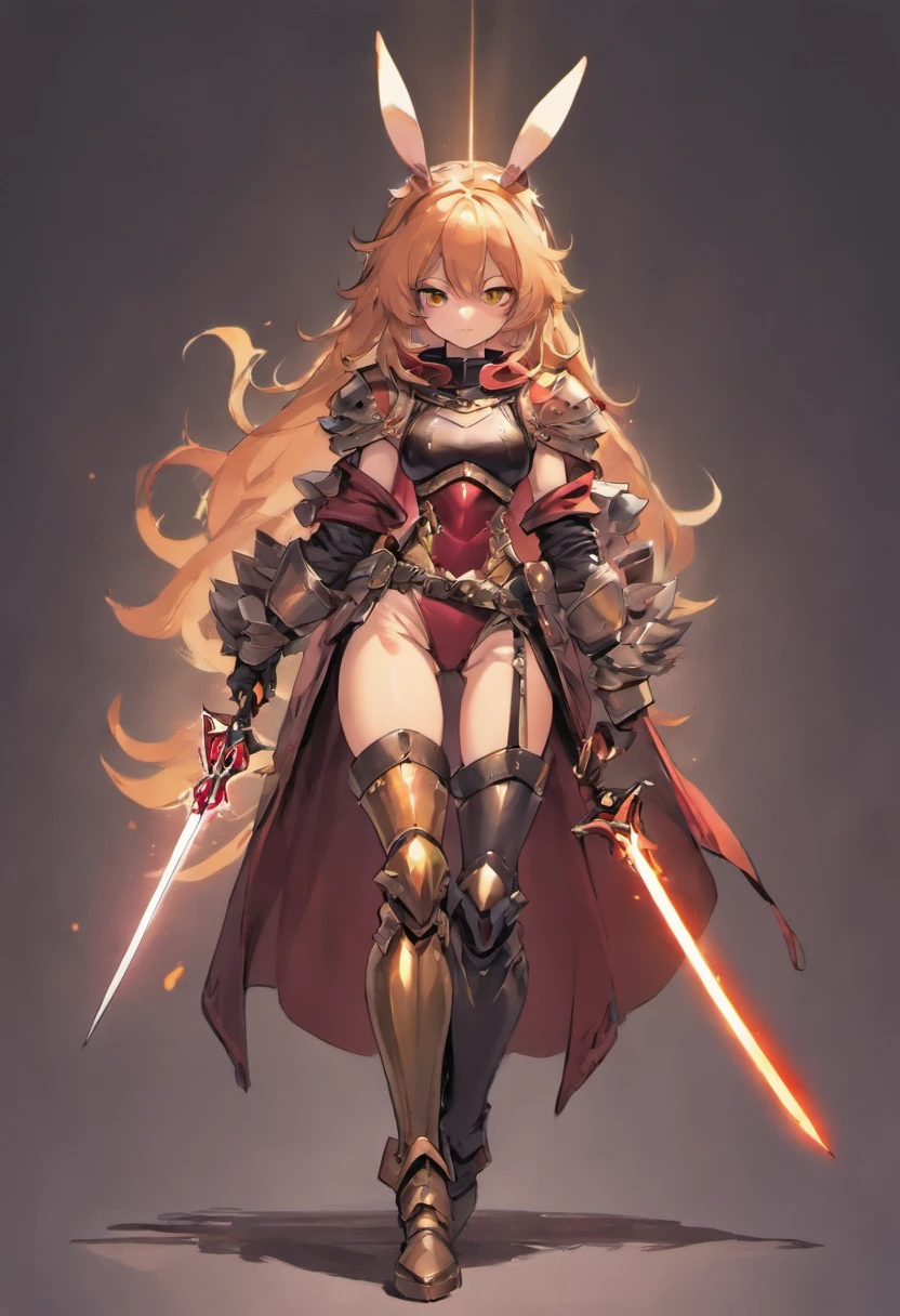 brown skin girl. Her figure, busty, curvy, proper direction, bunny ears, cat tail, Magenta hair color, dark magenta eyes, brown skin, sword in hand, large ragged cloth like cape wrapped around waist, chest armor, gauntlet, black long sleeve shirt under armor, chest armor, hoodie, properly drawn sword, magic sword, cloth wrapped around her waist, properly drawn sword in hand, bunny ears, cat's tail digital painting, digital illustration, extreme detail, digital art, Knight Armor, baggy puffy pants, metal boots, fully armored. cloth wrapped around her waist. Hold a sword. Baggy pants.