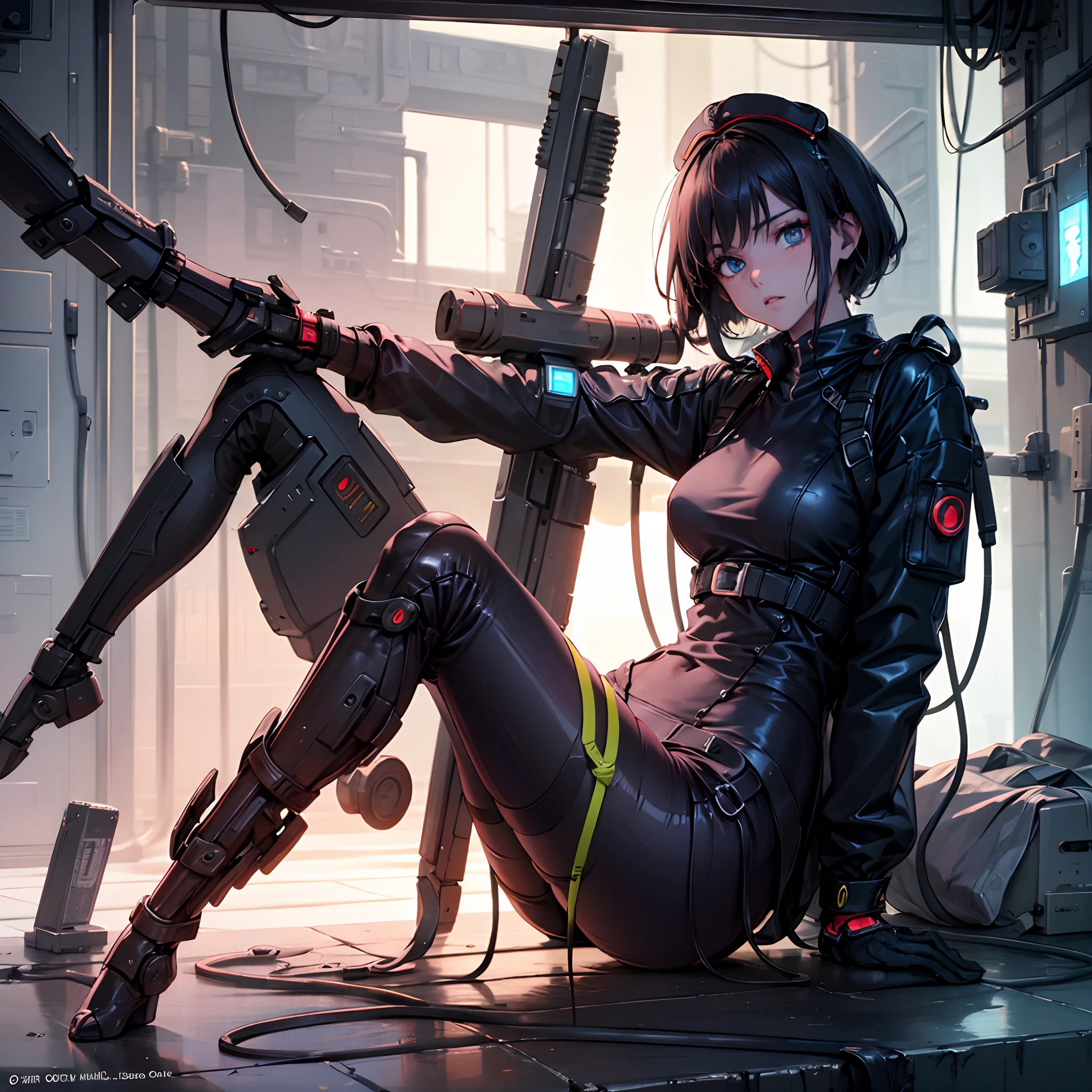 a dark brown skin anime girl wearing dark red full retro military uniform also wearing military hat, cool tomboy, inside a bar at night, badass anime 8 k, female dark sci fi anime girl, digital sci fi anime art, sci fi anime girl, anime sci fi art, anime girl mech, modern sci fi anime, cyberpunk anime art, digital sci fi - anime art, anime sci fi, cyberpunk angry gorgeous goddess, portrait, sci fi, insidebar, cyberpunk, absurdres, high res, ultrasharp, 8K, masterpiece, looking at viewer,HDR, sci-fi, professional, sharp focus, very dim lighting, bokeh, best quality,(ultra-detailed),hyper details,(delicate detailed), (intricate details), (cinematic light,best quality Backlights), clear line, ,perfect body