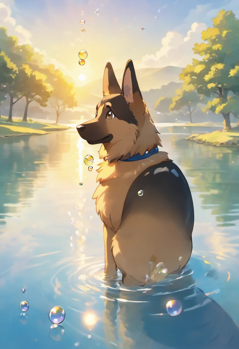 A touching scene in ultra-high definition 3D showcasing German Shepherd making a wish beside a tranquil lake. German Shepherd, beautifully rendered in detail, is seen gently blowing bubbles into the air, each one carrying a hopeful wish. The bubbles catch the reflection of the setting sun, creating a dreamy, magical effect. The overall atmosphere is tender, filled with hope and serenity