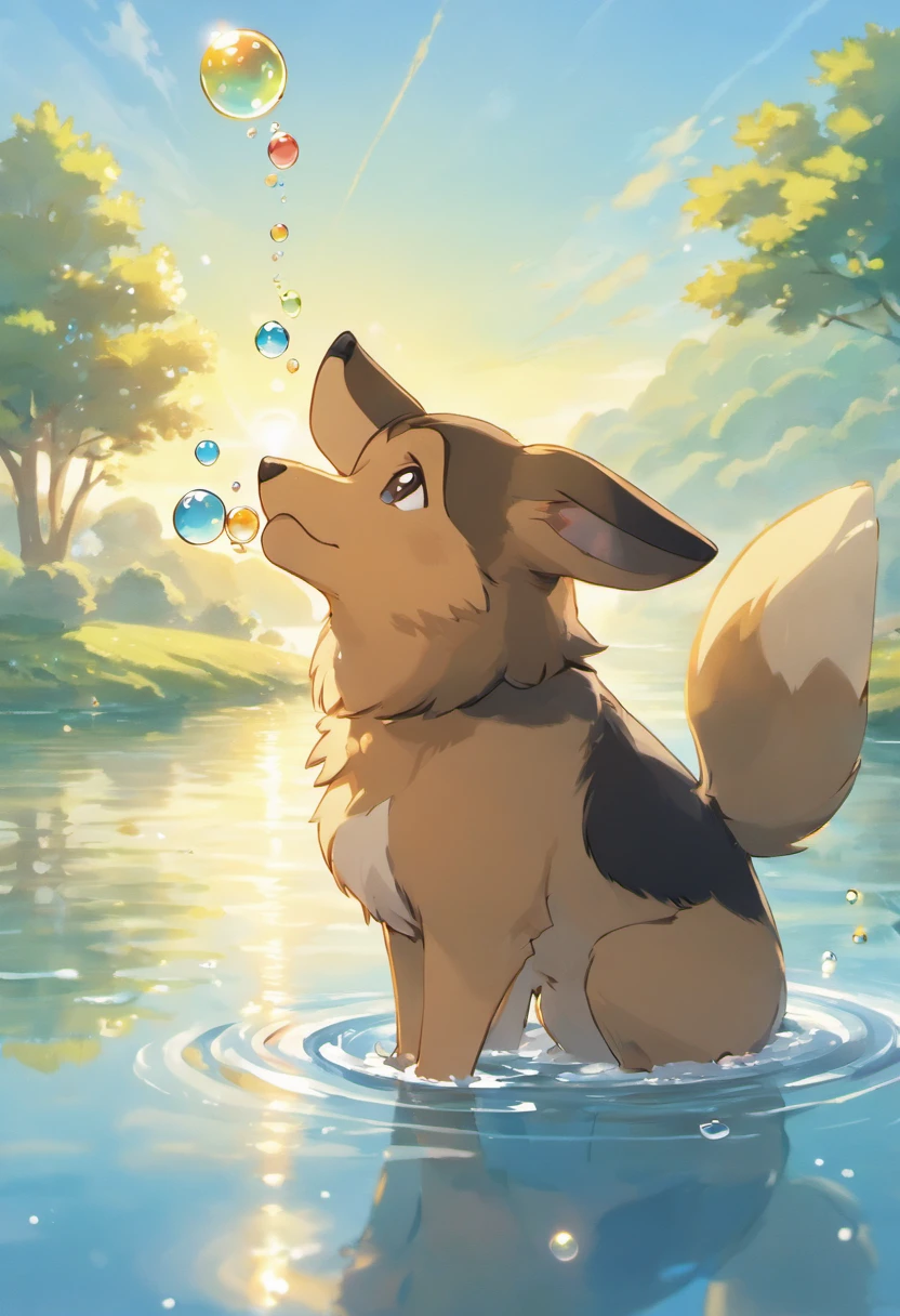 A touching scene in ultra-high definition 3D showcasing German Shepherd making a wish beside a tranquil lake. German Shepherd, beautifully rendered in detail, is seen gently blowing bubbles into the air, each one carrying a hopeful wish. The bubbles catch the reflection of the setting sun, creating a dreamy, magical effect. The overall atmosphere is tender, filled with hope and serenity