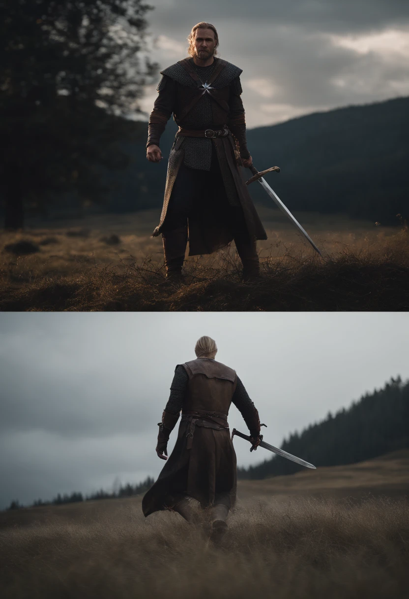 arafed man with sword standing over a dead man on a field, a picture inspired by Þórarinn B. Thorlaksson, reddit, dau-al-set, from witcher (2021), the rider carries a large sword, still from a fantasy movie, with large sword, felix englund style