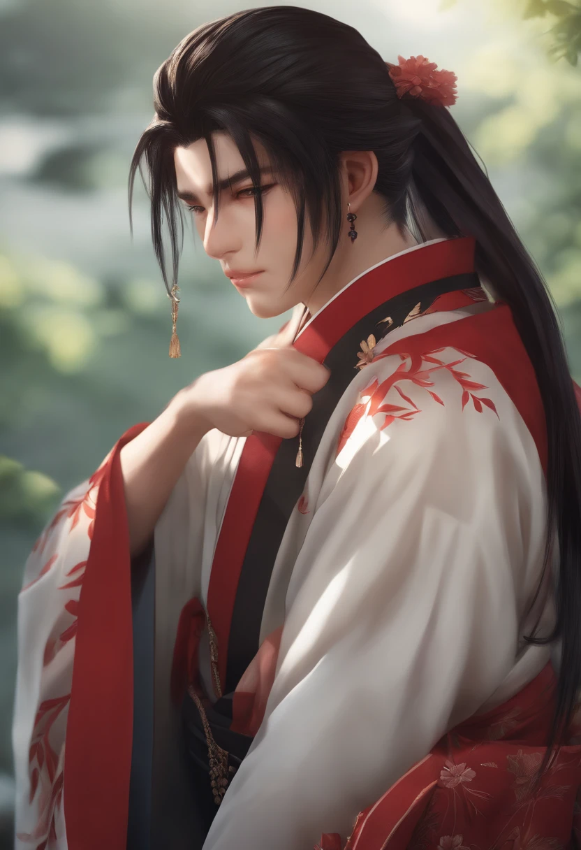 hight resolution, sharp-focus, pixiv masterpiece, ((intricate details)), Highly detailed, Yasuri_Shichika, 1boy, male, Striped beaded necklace, black hair, (spiked hair:1.1), pony tail, extra very long hair, red clothes, Red revealing clothes, A simple kimono, hakama