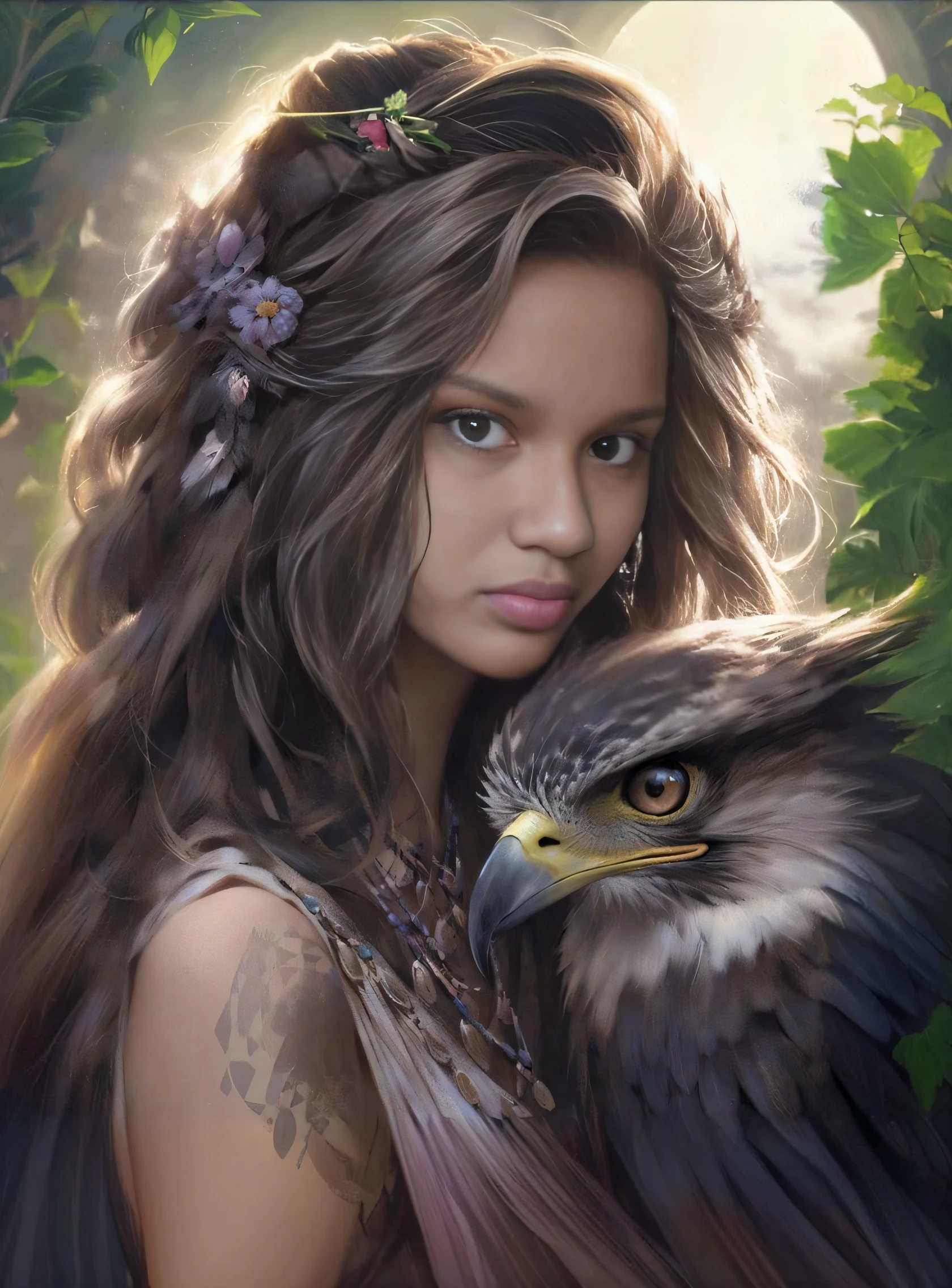 A closeup of a woman with a bird on her shoulder, Magali Villeneuve», retrato bonito da arte da fantasia, pintura de fantasia realista, arte de fantasia realista, retrato da arte da fantasia, arte do retrato da fantasia, beautiful young wind spirit, retrato de fantasia fosco detalhado, Graphic artist Magali Villeneuve, retrato bonito da fantasia, arte de fantasia hiperrealista, amazing fantasy art, bela arte de fantasia, retrato da fantasia