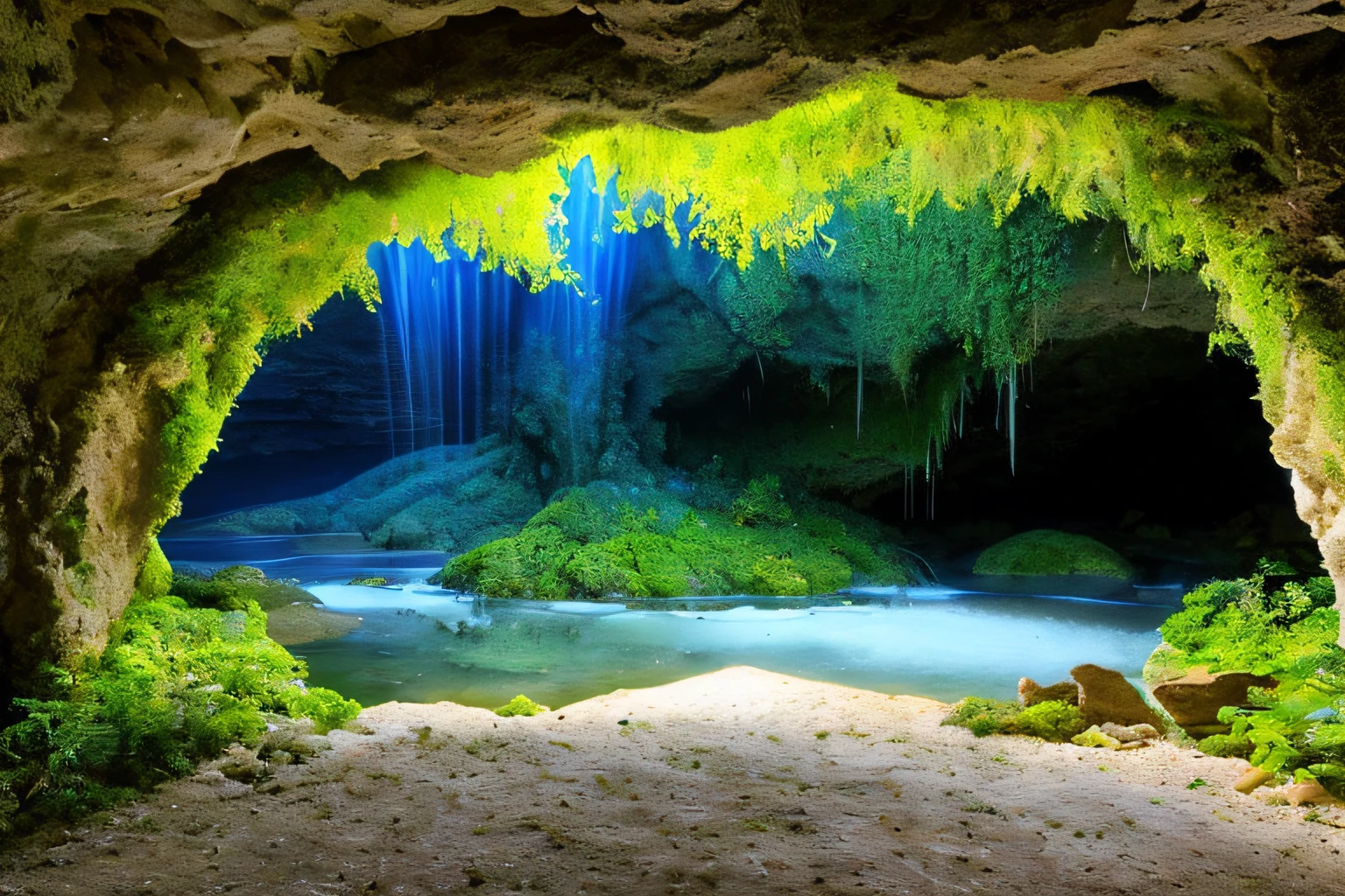 grotte, eau, fleurs, Star sky, la plus oeuvre du monde, plantes grimpantes
