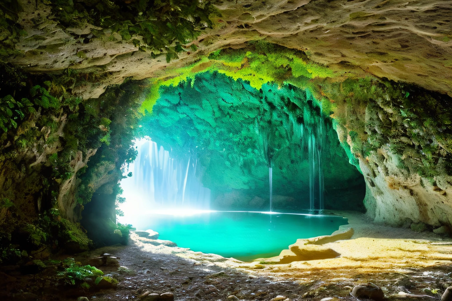 grotte, eau, fleurs, Star sky, la plus oeuvre du monde, plantes grimpantes