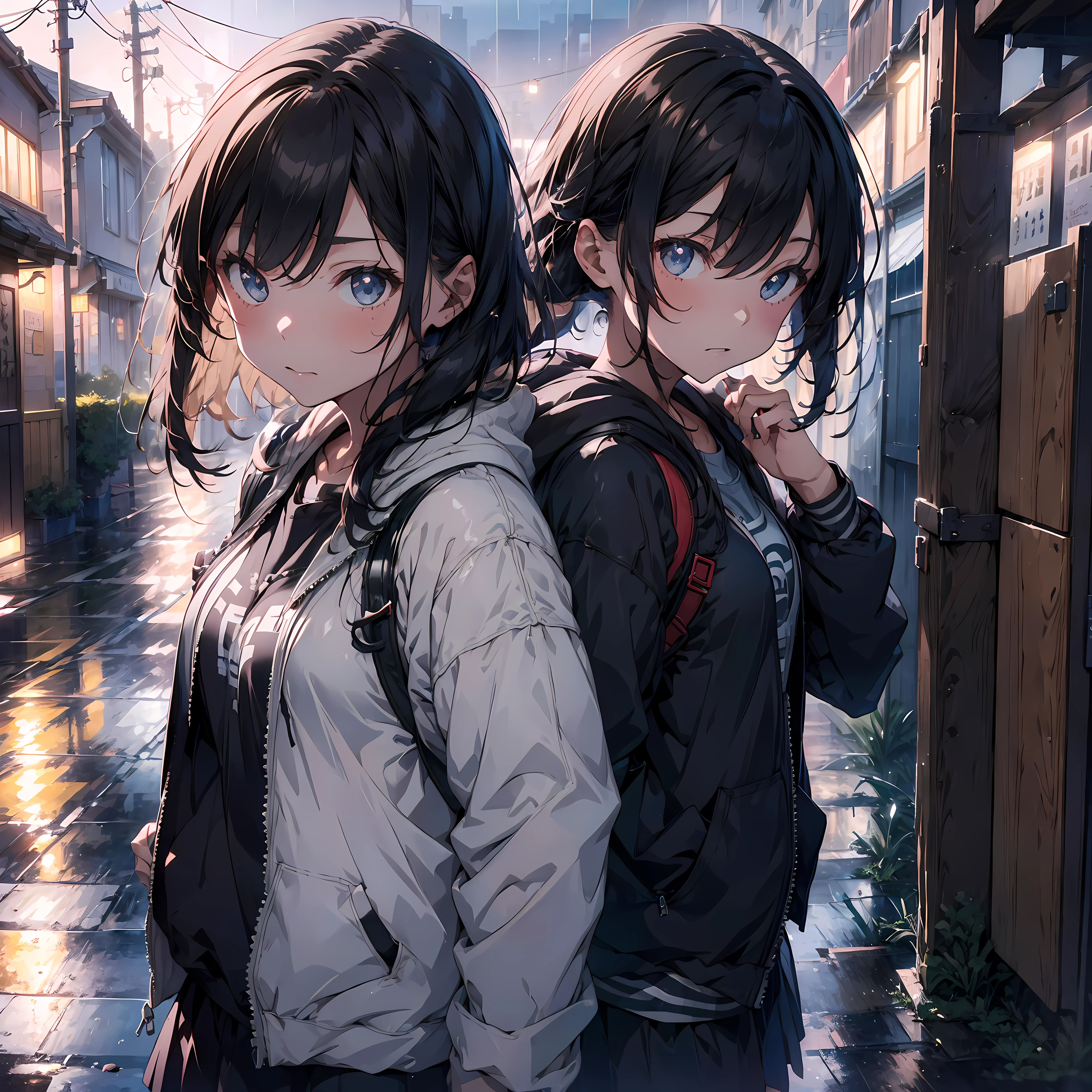 1girl, jacket, rain, outdoor, hoodie, open jacket, chain, backpack, looking at another, messy hair, trending on artstation, 8k resolution, highly detailed, anatomically correct, sharp image, digital painting, concept art, trending on pixiv, style of makoto shinkai,